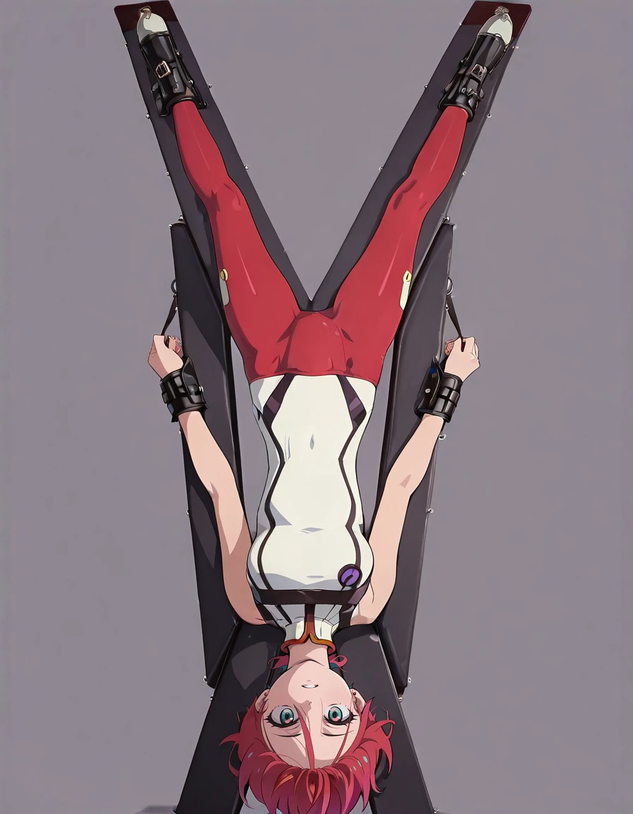 A Female robot exposes her inside mechanical organ. spread legs, nude, banzai pose. she wears no dress. Her Brown very short pigtails is tied with two big red clothespins, masterpiece, mature, android, blue eyes, full body figure, Height: 160cm, flushed cheeks, Uplifting, No NSFW, whole body, barefoot, archaic smile, orgasm, sweat bucket. no panties, full body shot, floating hair, looking away. cyborg made from rung to heaven. She leans arching her back hi-res position.