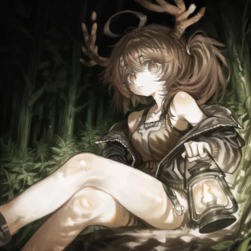 GAM0, best quality, masterpiece, source_anime, dramatic lighting, (score_9, score_8_up, score_7_up), perfect eyes, 1girl, deer girl, solo, side ponytail, jacket, brown eyes, sleeveless, ahoge, leg up, sitting, green forest, holding lantern, hand in pocket