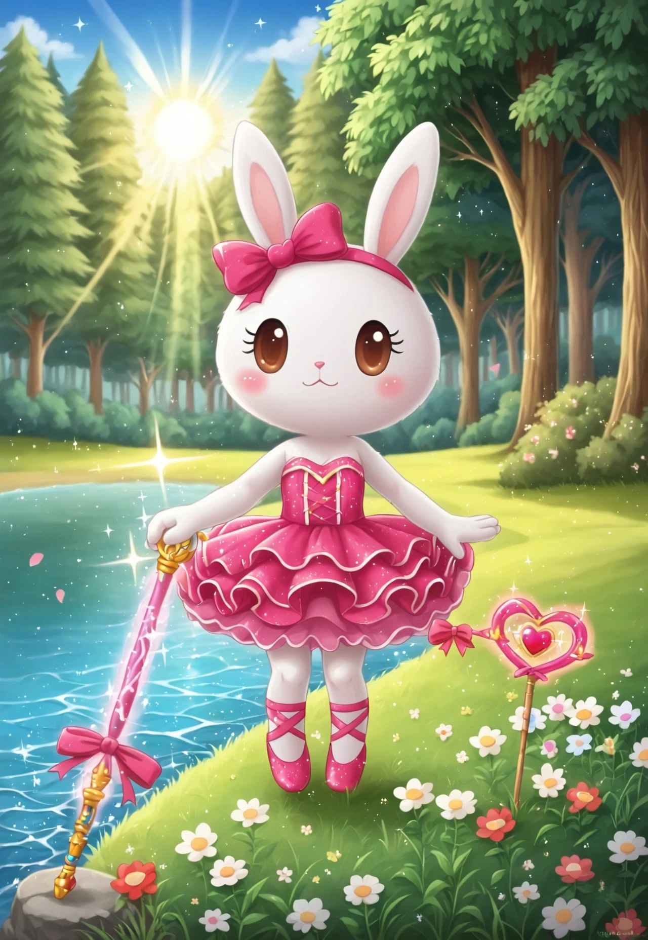 (cutecore, kawaiicore) 1girl, (anthro, furry, furry female) princess pring, rabbit, (white skin, white fur, bodyfur), white rabbit ears, white rabbit snout, rabbit nose, big eyes, dot eyes, brown eyes, blush, magic wand, holding magic wand, staff, (hot pink and white gilded rose-shaped ribboned wand), hot pink ribbon, heart-shaped gem, (ribboned heart-shaped gem attached to gilded rose-shaped wand), ballerina, hot pink pink strapless sleeveless ballerina dress, bare shoulders, hot pink frilly tutu, gold crown, pink ballet slippers, ((detailed scenery, detailed background)), outside, afternoon, verdant park, marsh, (verdant greenery, trees, lush bushes, grass, grassy lawn, wildflowers, water, lake, sunlight, sun rays, hearts, sparkles, glitter)