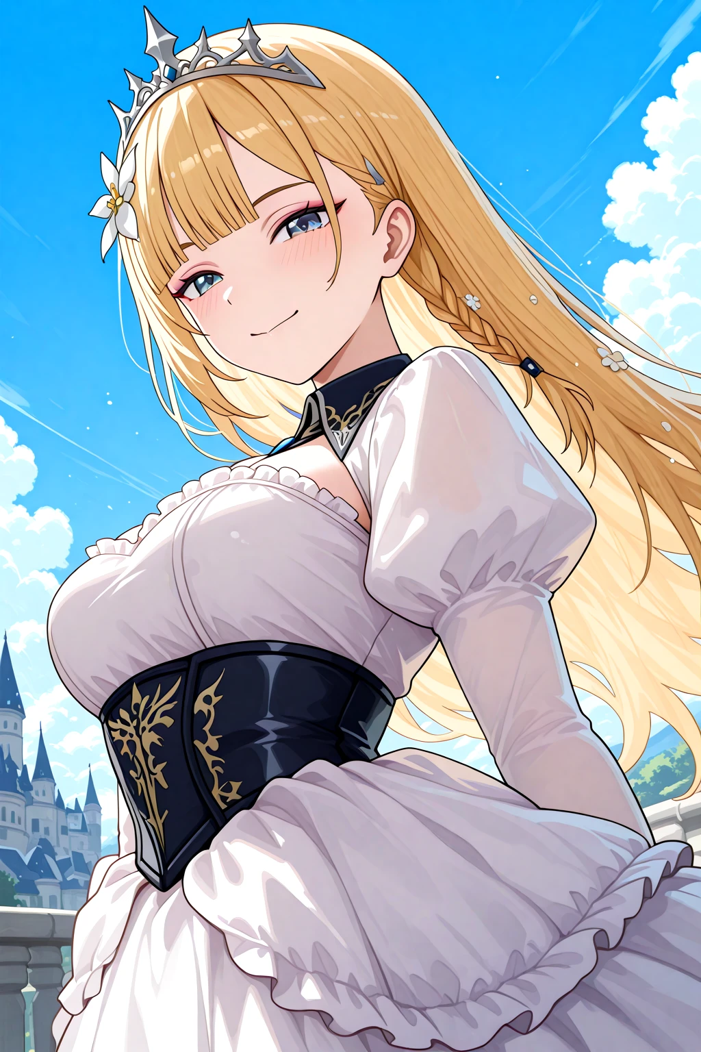 masterpiece, best quality, amazing quality, 1girl, solo, makeup, general, cowboy shot, looking at viewer, blush, dramatic angle, sky, cloud, princess, princess costume, princess dress with many frills, tiara on hair, happy smile, closed mouth, from side, standing, fantasy world, castle, tiara, <lora:RFGoA_Clar:0.8>, RFGoA_Clar, long hair, blue eyes, blonde hair, braid, blunt bangs, breasts, makeup, eyeshadow, hair flower, <lora:VTuber_Artstyle:1>, vtuber-style, <lora:wai-A3-V140:1>, <lora:illustrious_noobai_epsilon_pred_1_masterpieces_v1:1>