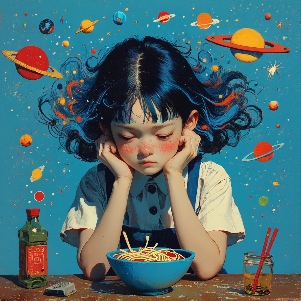 Score_9, score_8_up, score_7_up, score_6_up, <lora:Neo-Nihonga_Pop_SurrealismPony:1> Neo-Nihonga Pop Surrealism, The image shows a girl sitting at a table with a bowl of noodles in front of her her head in her hands. She has a human face and is surrounded by a blue background with planets and stars., 1girl, solo, shirt, short sleeves, white shirt, collared shirt, bowl, blush, black hair, upper body