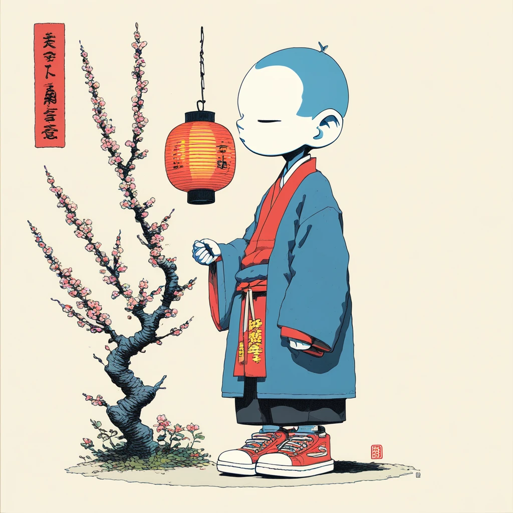 Neo-Nihonga Pop Surrealism, The image shows a cartoon of a boy holding a lantern in front of a tree with flowers., solo, lantern, shoes, holding lantern, holding, 1boy, male focus, flower, sneakers, red footwear