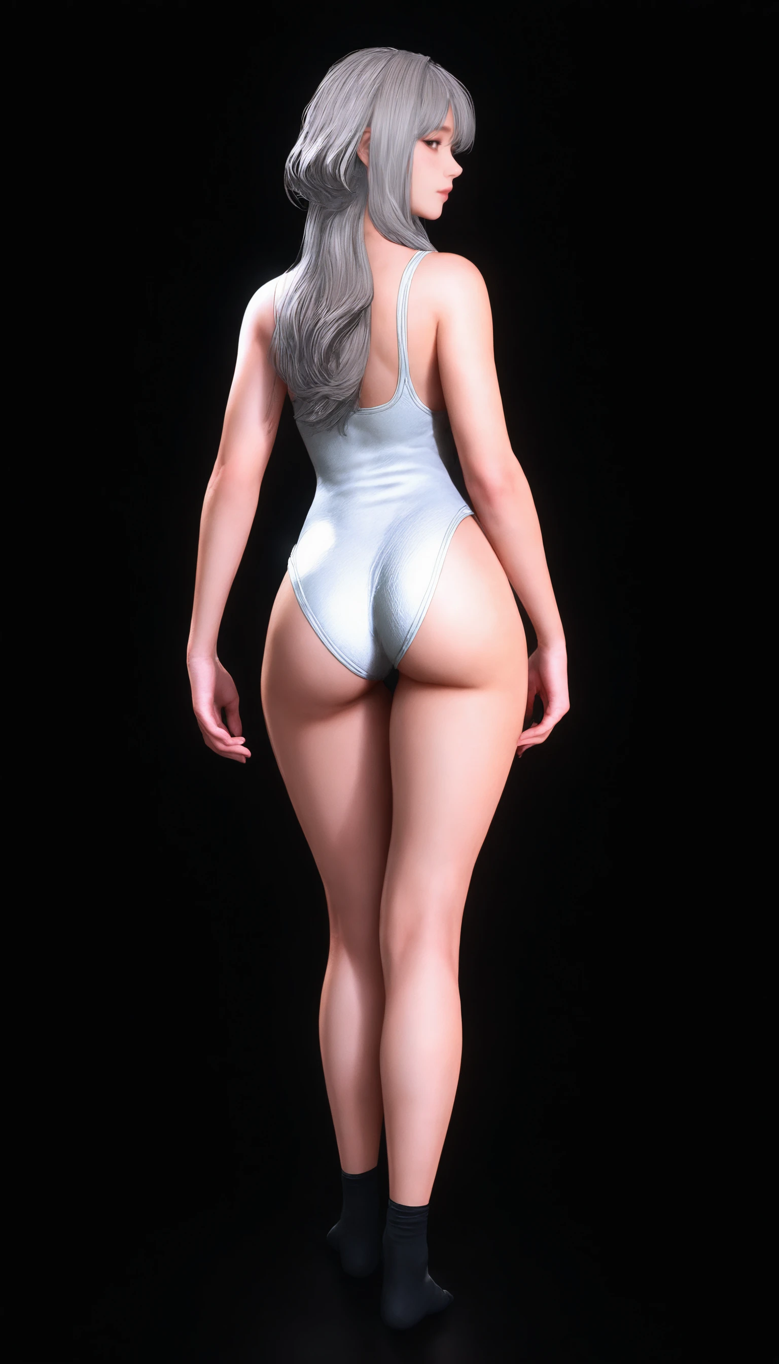 Master of animation, A perfect masterpiece, On a pure white background、Dressed in cool, sexy and modern clothes、Sexy mature modern woman standing, Flowing silver hair, Full Body Stand Posture, Thin legs, Large Breasts, Detailed facial details, Natural and beautiful standing posture, Crisp and realistic body detail,(NSFW:0.5)