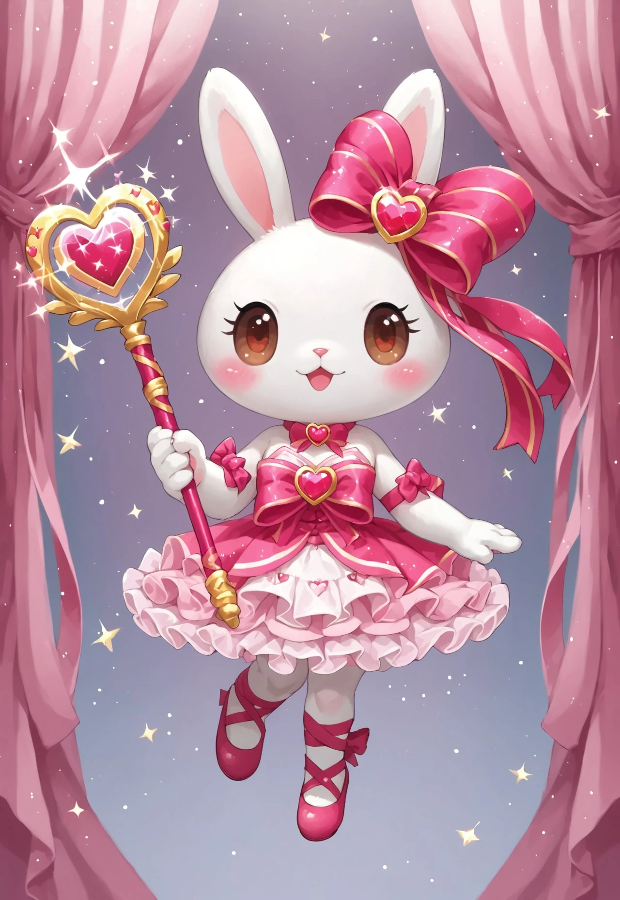 score_9, score_8_up, score_7_up, source_furry, (anthro, furry, furry female) princess pring, rabbit, (white skin, white fur, bodyfur), white rabbit ears, white rabbit snout, rabbit nose, big eyes, dot eyes, brown eyes, blush, magic wand, holding magic wand, staff, (hot pink and white gilded rose-shaped ribboned wand), hot pink ribbon, heart-shaped gem, (ribboned heart-shaped gem attached to gilded rose-shaped wand), ballerina, hot pink pink strapless sleeveless ballerina dress, bare shoulders, hot pink frilly tutu, gold crown, pink ballet slippers