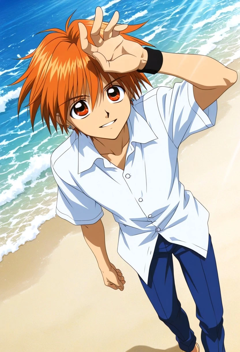 High quality, high definition, very clear, perfect eyes, perfect anatomy, anime, anime style, anime screencap, anime coloring, anime official art, 1male only, 1boy only, male focus, solo male, handsome, very attractive male, sexy, cute, charming, tall body, tall height, Kaito Doumoto, orange hair, orange eyes, ear piercing, ((white collared buttoned shirt, untucked shirt)), ((black wristband on left wrist)), blue pants, walking, seashore, beach, ocean, beautiful view, blue sky, sun rays, wind blowing effect, arm over forehead pose, happy, looking up at sky, dynamic view, dynamic angle, dynamic shot, ((perfect hands, perfect fingers, exact five fingers per hand only))