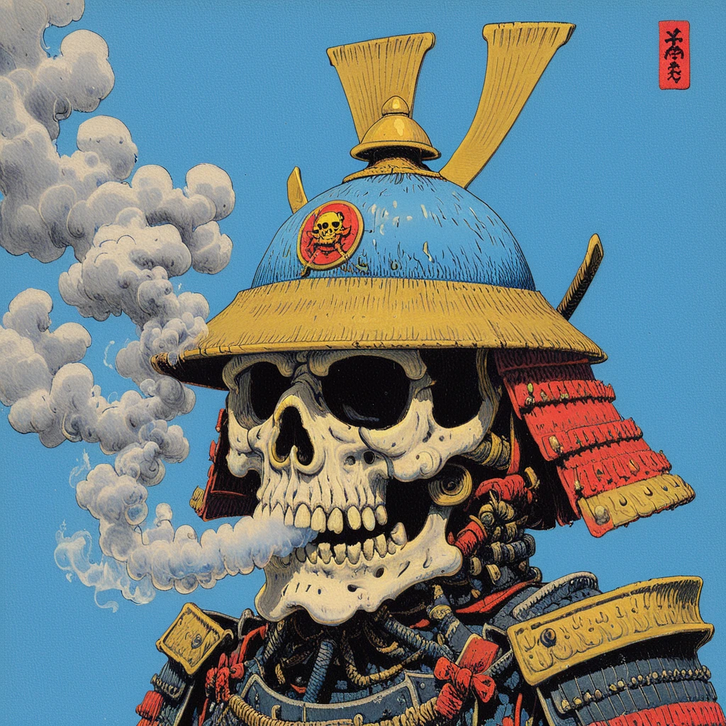 <lora:Neo-Nihonga_Pop_SurrealismSDXL:1> Neo-Nihonga Pop Surrealism, The image shows a painting of a skull wearing a samurai helmet with smoke coming out of it set against a blue background., kabuto (helmet), japanese armor, armor, samurai, helmet, solo, blue background, shoulder armor, sode, kusazuri