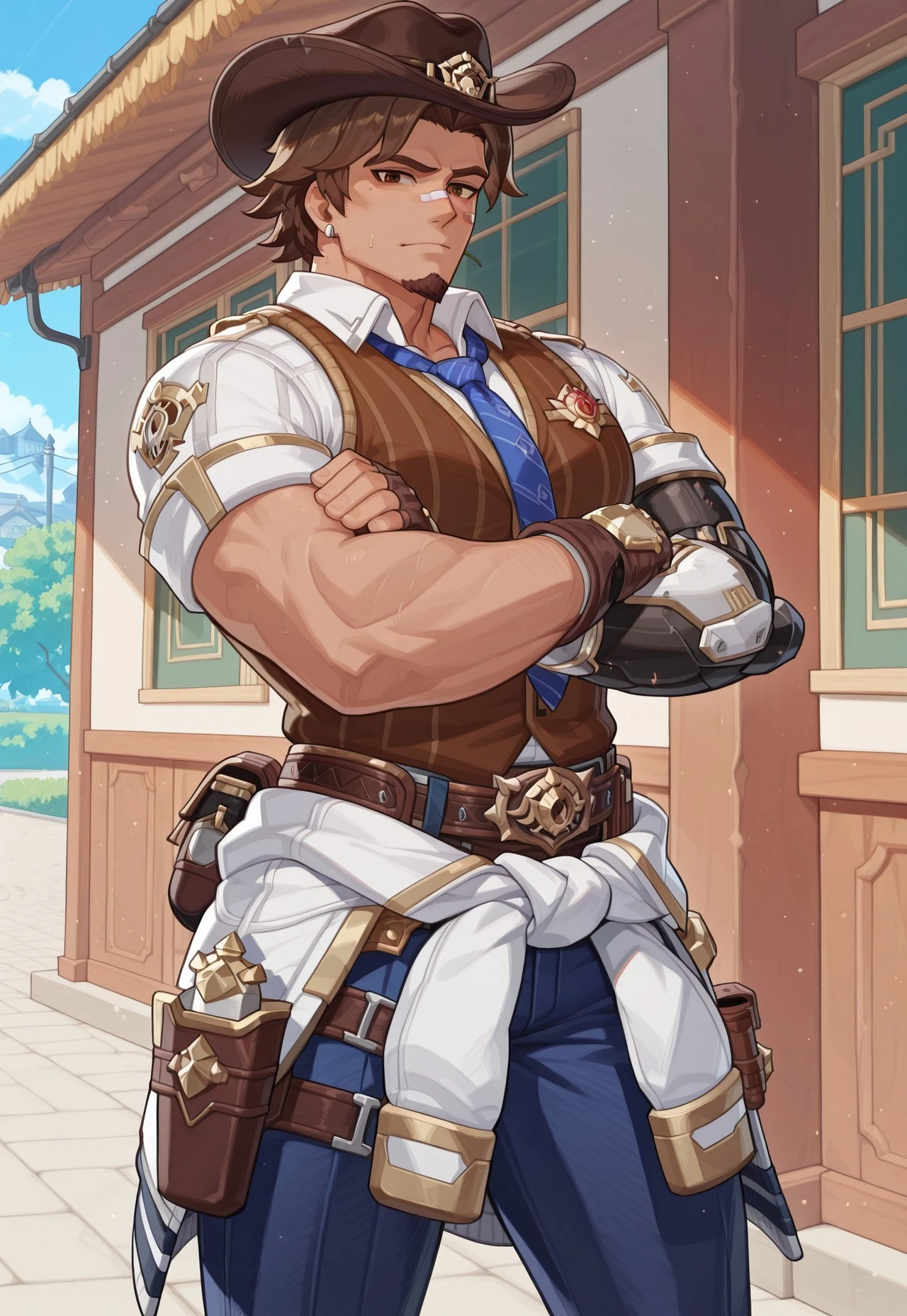 2d, anime screencap, animification, thin lines, style \(genshin impact\), (1boy, cassidy \(deliquent cole\) \(overwatch\), short hair, brown hair, brown eyes, goatee, bandaid on nose, bandaid on cheek, gray earrings), (masculine, muscular, bara, himbofication, broad shoulders, big arms, large pectorals, large areolae, wide hips, thick thighs, curvy body, (white shirt, brown vest, blue necktie, clothes around waist, blue pant, prothestic arm, fingerless gloves, cowboy hat), contrapposto, crossed arms, looking at viewer, outside of school, very awa, masterpiece, best quality, absurdres, detailed background, newest, perfect quality, intricate details