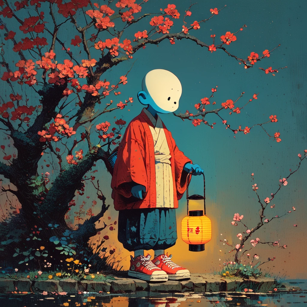 Score_9, score_8_up, score_7_up, score_6_up, <lora:Neo-Nihonga_Pop_SurrealismPony:1> Neo-Nihonga Pop Surrealism, The image shows a cartoon of a boy holding a lantern in front of a tree with flowers., solo, lantern, shoes, holding lantern, holding, 1boy, male focus, flower, sneakers, red footwear