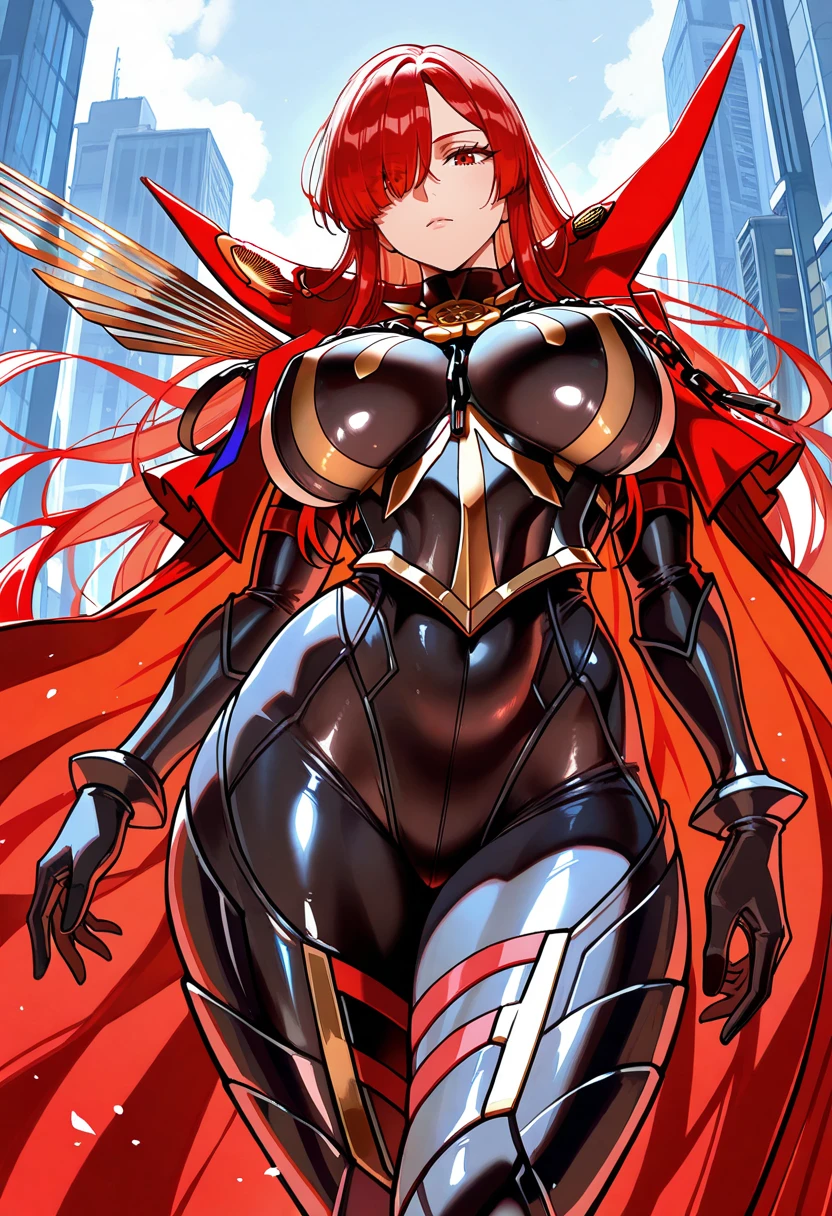 Adult woman, cabelos pretos longos, rabo de cavalo alto, olhos vermelhos, quimono vermelho, barriga aberta, seios enormes, coxas abertas, sorriso, master part, Hiqualidade