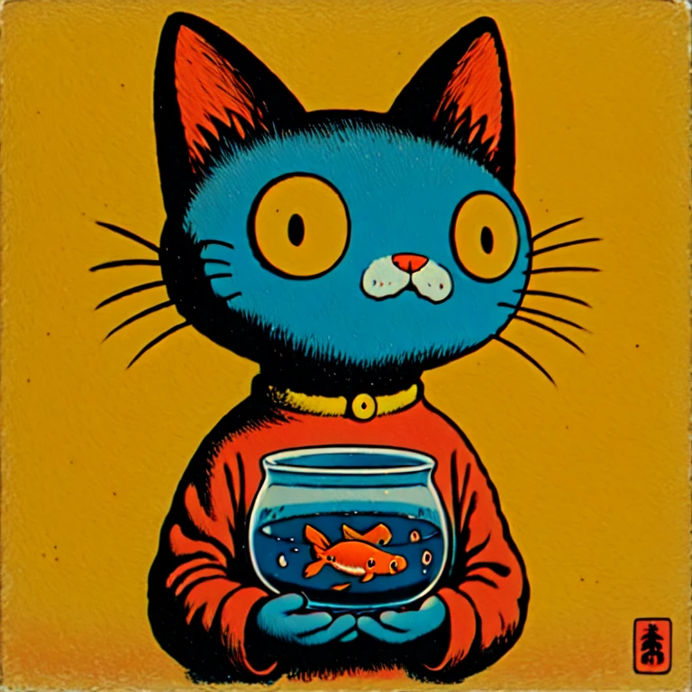 <lora:Neo-Nihonga_Pop_SurrealismSD1:1> Neo-Nihonga Pop Surrealism, The image shows a cartoon cat wearing a red dress holding a goldfish bowl in its hands with a yellow background., yellow background, solo, holding, simple background, fish, upper body, cat ears, whiskers, shirt, long sleeves