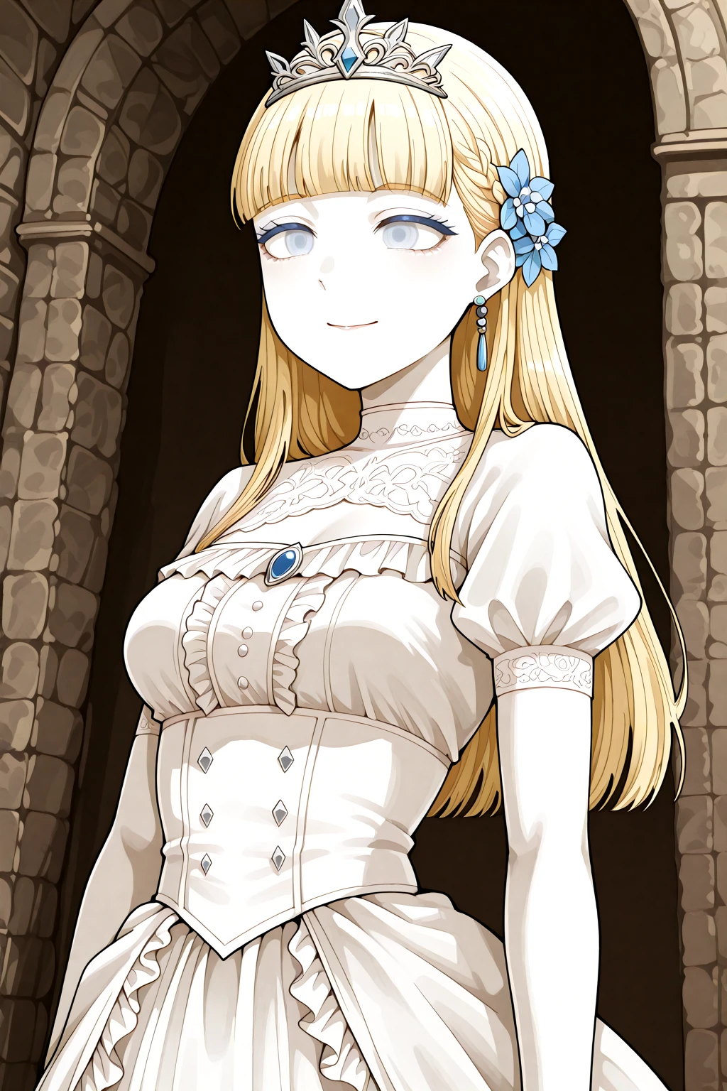 masterpiece, best quality, amazing quality, 1girl, solo, makeup, general, cowboy shot, looking at viewer, blush, dramatic angle, princess, princess costume, princess dress with many frills, tiara on hair, happy smile, closed mouth, from side, standing, fantasy world, castle, tiara, <lora:RFGoA_Clar:0.8>, RFGoA_Clar, long hair, blue eyes, blonde hair, braid, blunt bangs, breasts, makeup, eyeshadow, hair flower, <lora:Alternate_ILV3:1>, hagi, taxidermy, <lora:wai-A3-V140:1>, <lora:illustrious_noobai_epsilon_pred_1_masterpieces_v1:1>