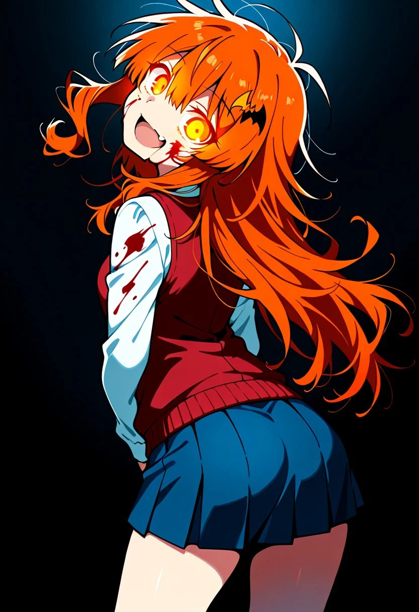Masterpiece, top quality, amazing quality, Score_9, Score_8_up, Score_7_up, core_9, Score_8_up, Score_7_up, 1 mature female, alone, ,
orange hair, messy hair, long hair, small yellow bat-shaped ornament, small breasts, (orange eyes: 1.2),
blue skirt, track skirt, tie, shirt, red vest, cream shirt, fang,
<lora:shaft-look-illustriousxl-lora-nochekaiser:1>, shaft look, looking back, from behind, head tilt, cowboy shot, smile, crazy expression, glowing eyes, blood, blood on face, blood on clothes, , ,