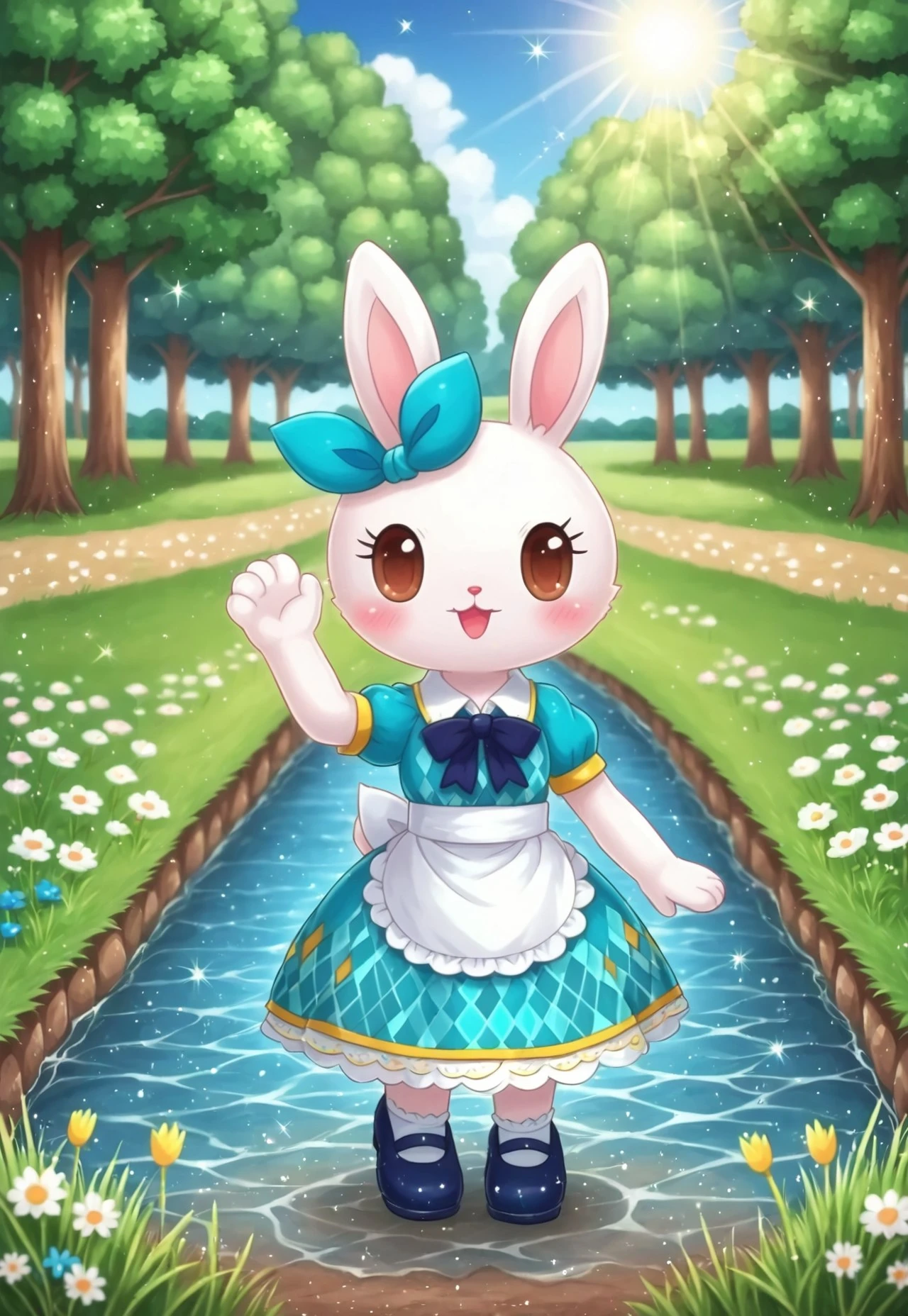 (cutecore, kawaiicore) 1girl, (anthro, furry, furry female) princess pring, rabbit, (white skin, white fur, bodyfur), white rabbit ears, white rabbit snout, rabbit nose, big eyes, dot eyes, brown eyes, blush, aqua white and yellow collared argyle print dress, aqua argyle print, (aqua argyle print on collared dress), white peter pan collar, aqua puffy short sleeves, yellow trim, (yellow trim on puffy short sleeves), white lace, white lace trim, white frilled waist apron, bows, aqua bow, hair_ribbon, ear ornament, ribbon tied around ear, dark blue bowtie, white socks, dark blue mary janes shoes, ((detailed scenery, detailed background)), outside, afternoon, verdant park, marsh, (verdant greenery, trees, lush bushes, grass, grassy lawn, wildflowers, water, lake, sunlight, sun rays, hearts, sparkles, glitter)