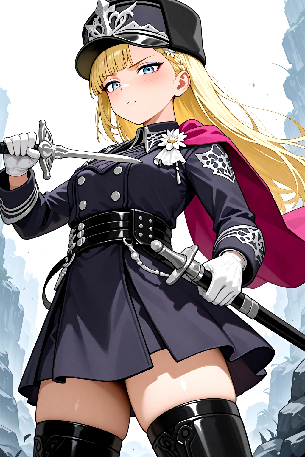 masterpiece, best quality, amazing quality, 1girl, solo, makeup, general, cowboy shot, looking at viewer, blush, dramatic angle, angry, from below, from side, outdoors, rock, <lora:RFGoA_Clar:1>, RFGoA_Clar, long hair, blue eyes, blonde hair, braid, blunt bangs, breasts, makeup, eyeshadow, hair flower, military hat, peaked cap, black headwear, military uniform, white gloves, purple cape, long sleeves, jacket, belt, black thighhighs, zettai ryouiki, dress, aiguillette, sheath, saber(weapon), holding sword in one hand, combat stance, mid-action, hands up, <lora:wai-A3-V140:1>, <lora:illustrious_noobai_epsilon_pred_1_masterpieces_v1:1>