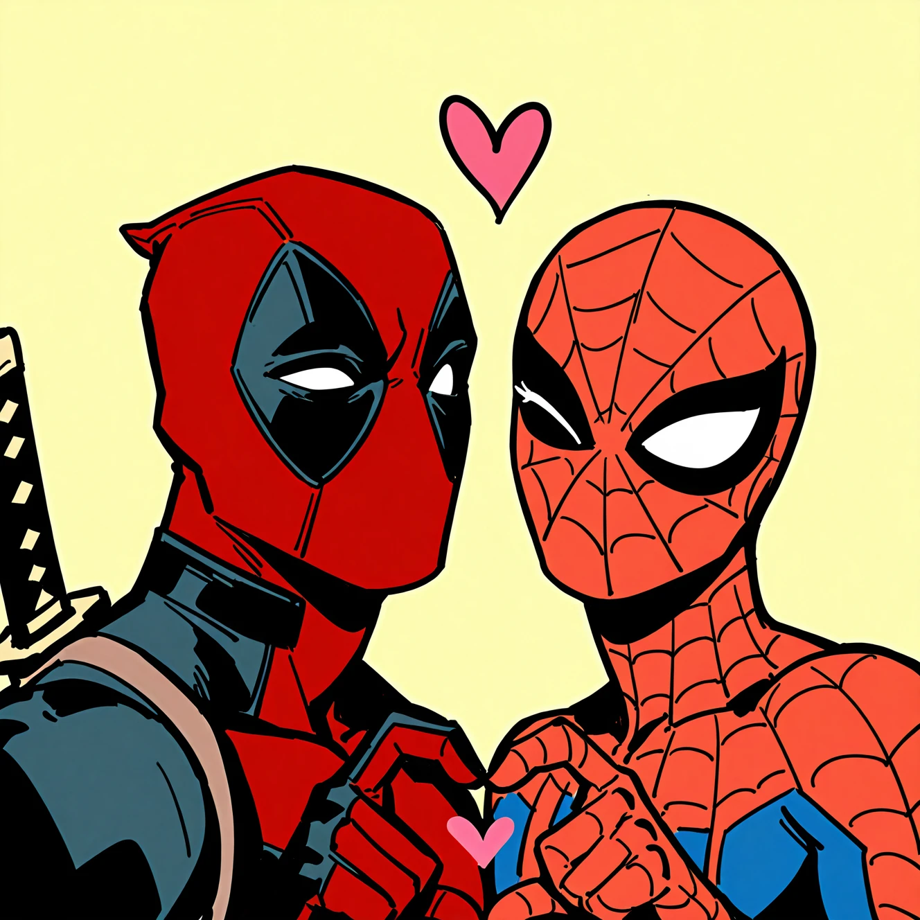 Gwenpool and Deadpool making a heart with their fingers.