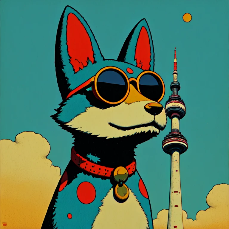 <lora:Neo-Nihonga_Pop_SurrealismSD1:1> Neo-Nihonga Pop Surrealism, The image shows a cartoon dog wearing sunglasses and a polka dot shirt standing in front of a TV tower with clouds in the sky and a blue background., cloud, sky, solo, furry, animal ears, male focus, upper body, blue sky, sunglasses, day