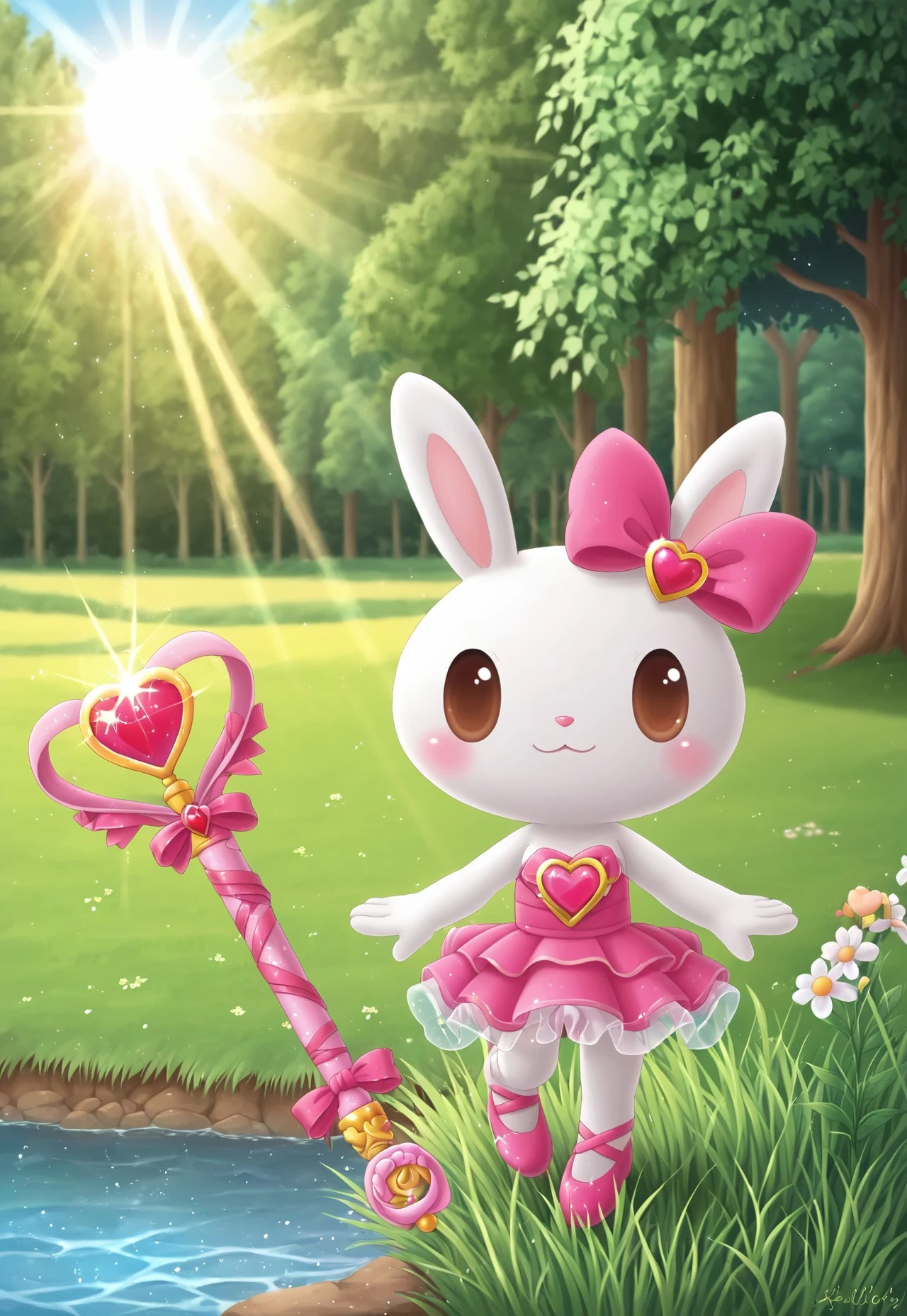 (cutecore, kawaiicore) 1girl, (anthro, furry, furry female) princess pring, rabbit, (white skin, white fur, bodyfur), white rabbit ears, white rabbit snout, rabbit nose, big eyes, dot eyes, brown eyes, blush, magic wand, holding magic wand, staff, (hot pink and white gilded rose-shaped ribboned wand), hot pink ribbon, heart-shaped gem, (ribboned heart-shaped gem attached to gilded rose-shaped wand), ballerina, hot pink pink strapless sleeveless ballerina dress, bare shoulders, hot pink frilly tutu, gold crown, pink ballet slippers, ((detailed scenery, detailed background)), outside, afternoon, verdant park, marsh, (verdant greenery, trees, lush bushes, grass, grassy lawn, wildflowers, water, lake, sunlight, sun rays, hearts, sparkles, glitter)