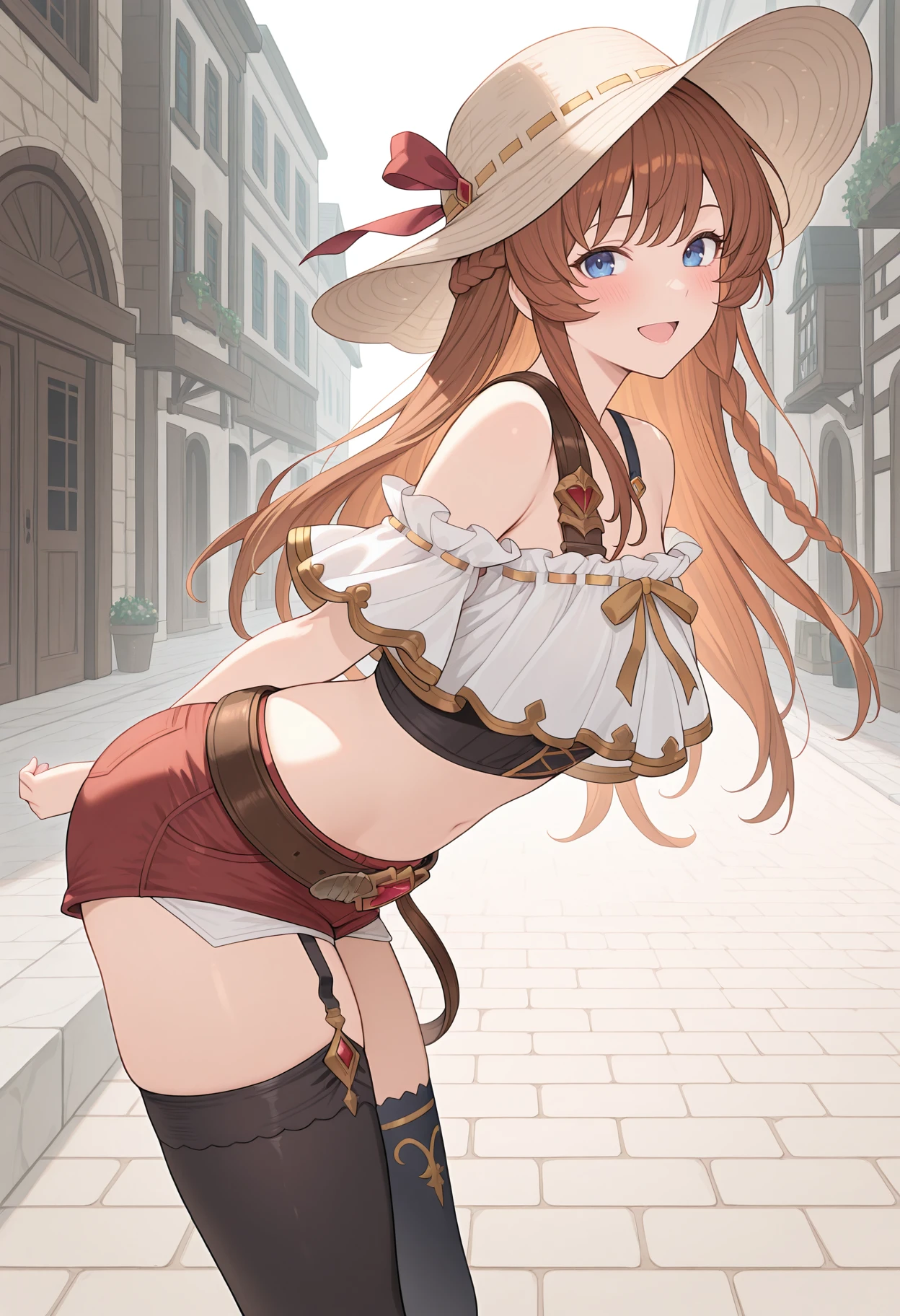 ((Tabletop, highest quality, High resolution, , Pixel Perfect, 4K, ))), Beautiful woman,, alone, beauty、The whole body is visible、 (((Sexy Witch Cosplay), Long dark blonde wavy hair、Off-the-shoulder jacket, Dark blue flared skirt、Witch Hat、Mid-wave hair, bangs, Brown Hair)), ((Brown eyes, Beautiful eyelashes, Realistic eyes)), ((Detailed face, Blushing:1.2)), ((Smooth texture:0.75, Realistic texture:0.65, Realistic:1.1, Anime CG Style)), Center of chest, Dynamic Angle, Perfect body, ((,)), 、、Very embarrassing panic smile, 、Castle Town Square、(The wind flipped up her skirt, 、Touch your crotch with both hands、Sitting on the floor、Spread your legs、On all fours、Arms crossed pose、Show me your ass、Her white and pink floral lace panties、)、Angle from below