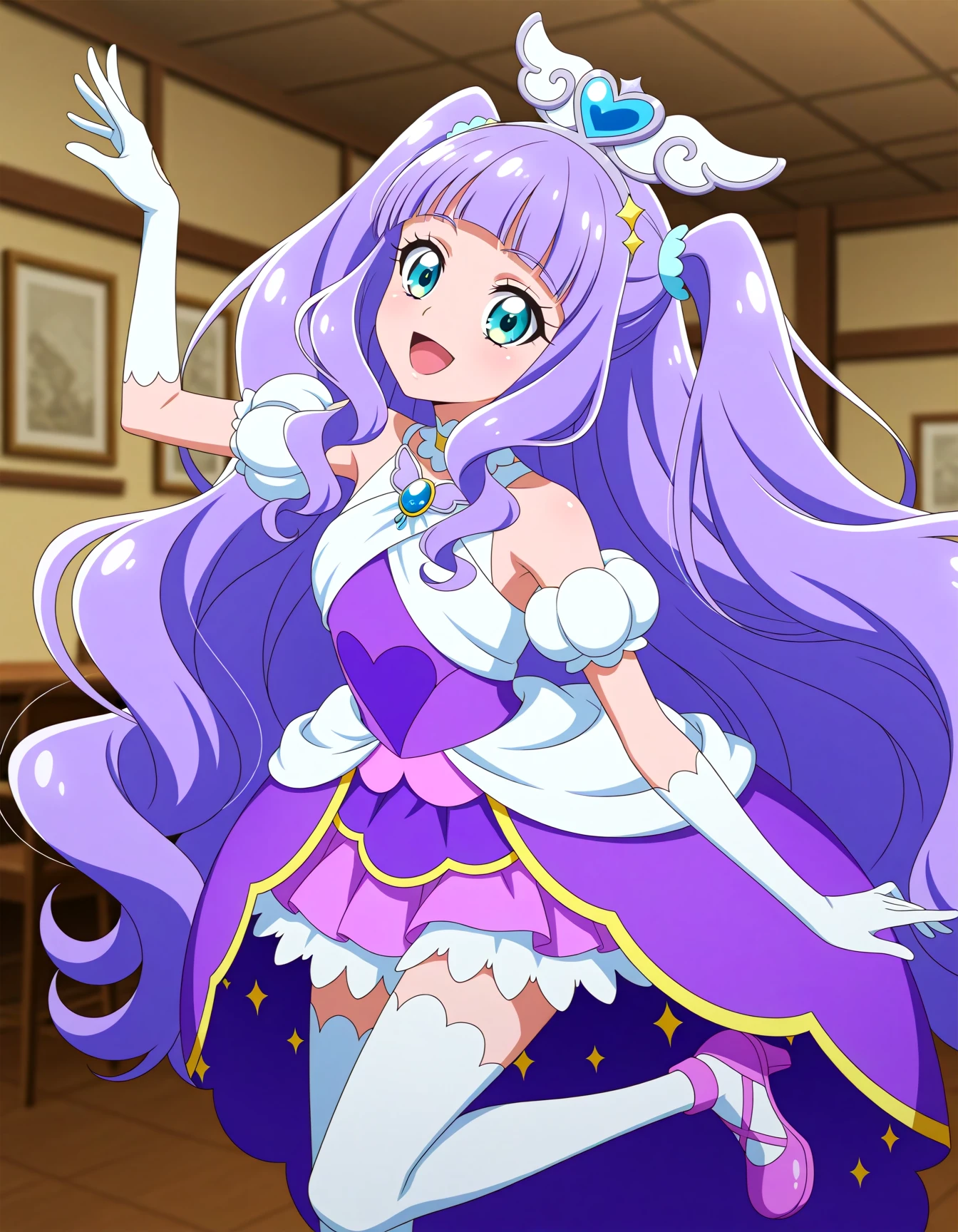 <lora:dmd2-lighting8step_cfg1.5:1>,official style,masterpiece,best quality,newest,very aesthetic,highly detailed,high resolution,absurdres,highres,depth of field,super detailed skin,very awa,Anime,anime coloring,anime screencap,<lora:Cure_Majesty_V1:1>,cure majesty,solo,aqua eyes,long hair,purple hair,very long hair,two side up,wing hair ornament,hair ornament,wing brooch,jewelry,brooch,purple dress,medium dress,heart dress,shoulder cutout,layered skirt,pleated skirt,purple skirt,miniskirt,gloves,elbow gloves,white gloves,sleeveless,white thighhighs,purple footwear,shoes,smile,sitting,restaurant,arched_back,dancing,open mouth,