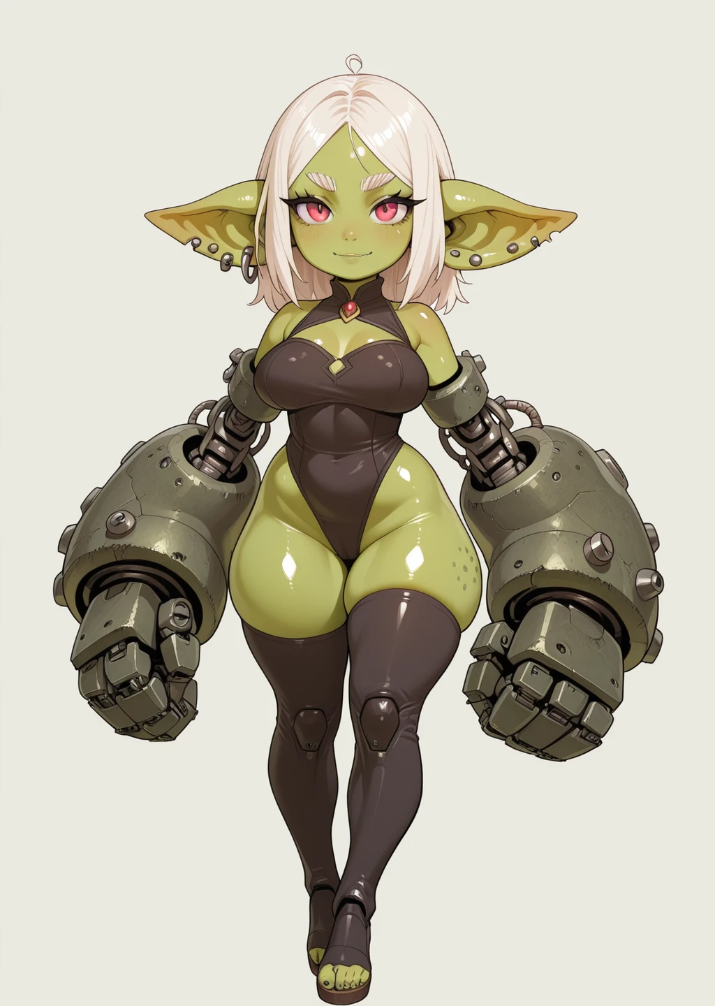 masterpiece, absurdres, textless version, perfect hands, best hands, best detail, best quality, detailed, high quality, BREAK, shiny skin, 1girl, full body, <lora:Large_Robotic_Arms_Illustrious:0.8> large_robo_arms, robotic arms, large robotic arms., <lora:Goblin_Girl_Transformation_Illustrious:0.5> GobGirl, green skin, short, long ears, large ears, colored skin, monster_girl 1girl, pointy ears, goblin, shortstack, long pointy ears, earrings, ear piercings,