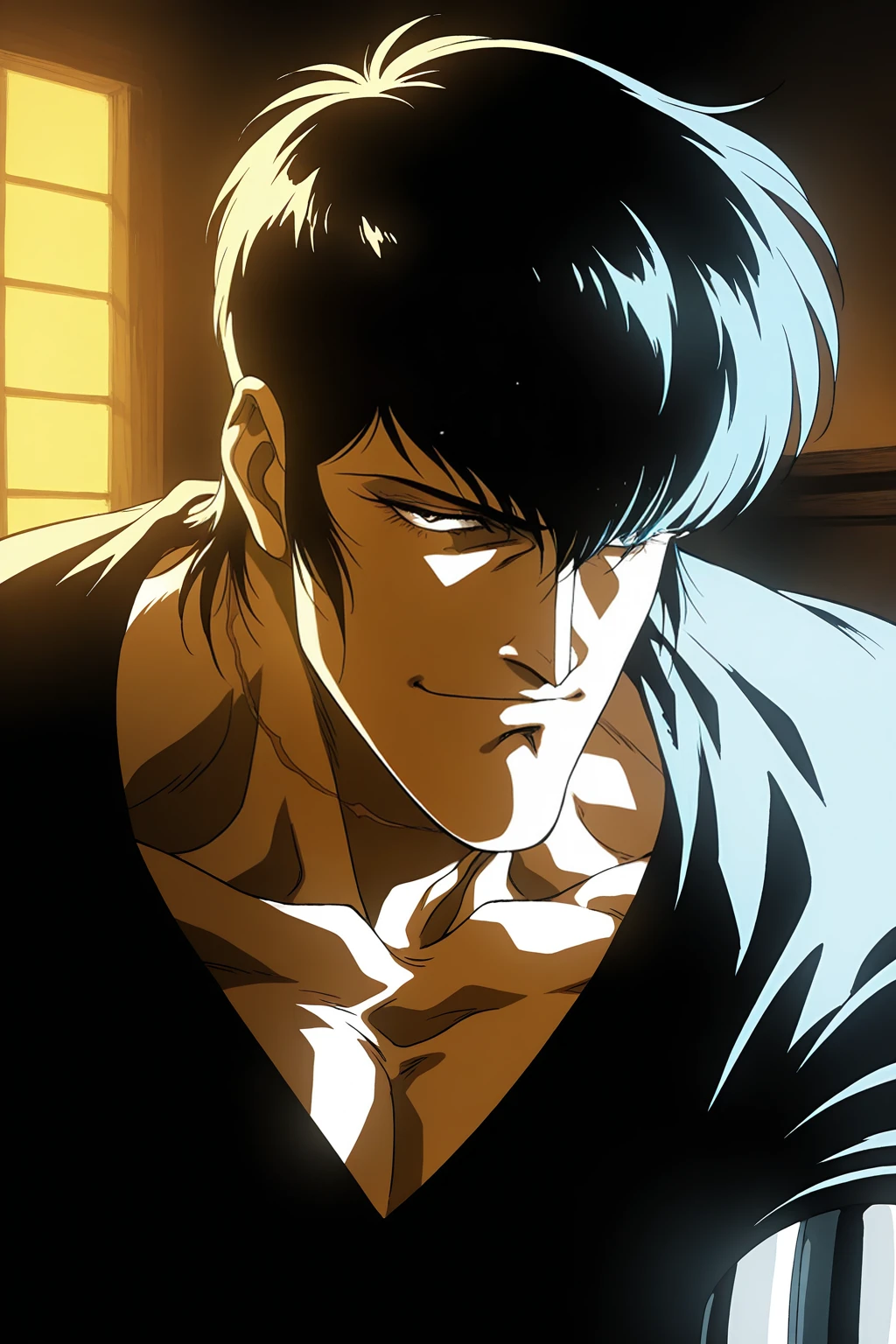 (masterpiece, best quality:1.3), 8k resolution, very aesthetic, retro artstyle, fantasy, amazing quality, fantasy, (vivid colors, vibrant colors), ultra-detailed portrait, upper body, traditional media, N1njascroll, Detailed, solo, black hair, short hair, hair over eyes, eyelashes, black eyes, manly, scar on neck, blunt bangs, choppy bangs, prosthetic arm, roman nose, pixie cut, long bangs, muscular, handsome, (chin, cleft chin:1.3), (sideburns:1.2), serious, smile, man, aged up, medium hair, mature, manly, smirk, dark skin, dark theme, shiny, black tank top, v neck, shiny, shiny skin, half-closed eyes, eyelashes, long face, looking at viewer, deep focus, depth of field, night, indoors, bedroom, handsome, villain