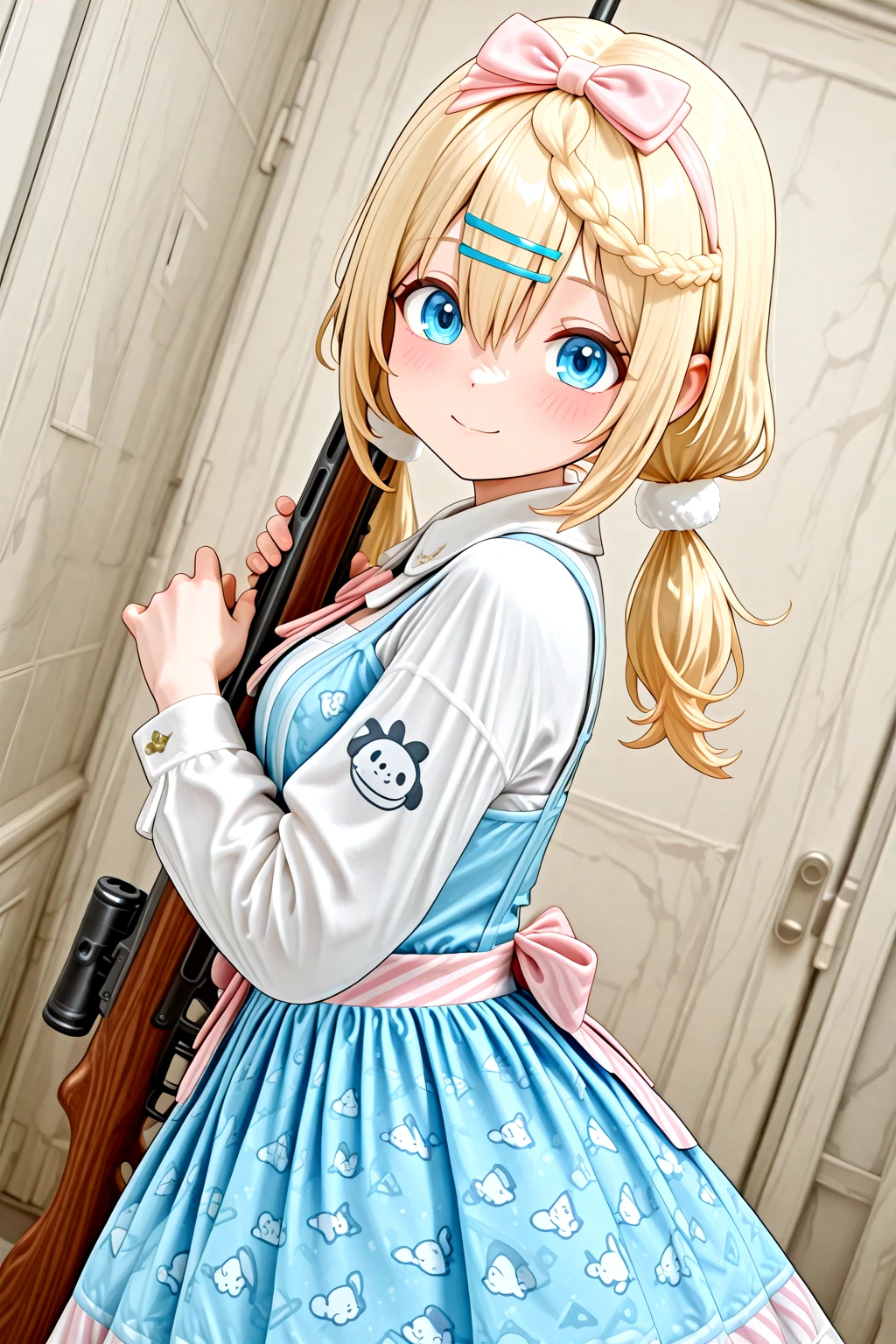 masterpiece, best quality, amazing quality, 1girl, solo, makeup, general, cowboy shot, looking at viewer, blush, dramatic angle, smile, shy, cute, in laboratory, from side, <lora:GF2_Papasha:1>, GF2_Papasha, blonde hair, hairclip, long hair, blue eyes, low twintails, braid, braided bangs, hair between eyes, breasts, <lora:Pochacco_Stars_Print_Blue_and_Pink_Sweet_Dress:1.2>, Pochacco_Stars_Print_Blue_and_Pink_Sweet_Dress, blue dress, pink bow, striped clothes, frilled dress, print dress, long sleeves, hair bow, striped socks, shoes, white shirt, ribbon, ribbon hairband, weapon, gun, rifle, holding weapon, magazine(weapon), <lora:wai-A3-V140:1>, <lora:illustrious_noobai_epsilon_pred_1_masterpieces_v1:1>
