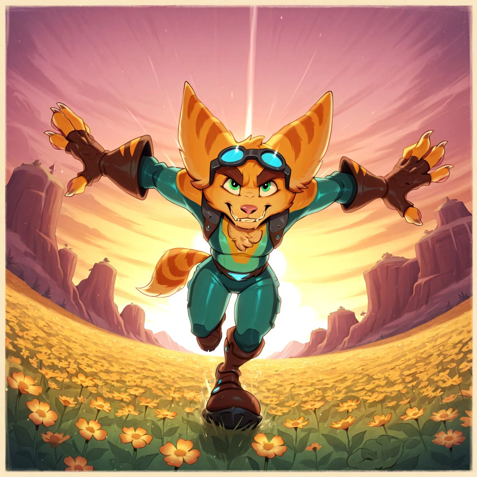 <lora:Sharkrags_v1:1.2> sharkrags, sharkrags_v1,
BREAK
semi-anthro, biped, clothed ,ratchet, ratchet and clank, stripes, lombax, alien, striped fur, striped body, tuft, chest tuft, eyewear, markings, striped markings, yellow fur, yellow body, striped tail, tail markings, ear markings, pink nose
BREAK,
dynamic pose, foreshortening, extreme perspective, flower field, running, outstretched arms
BREAK
toony, highres, hi res, colored, highres, absurdres, absurd res, detailed background,
