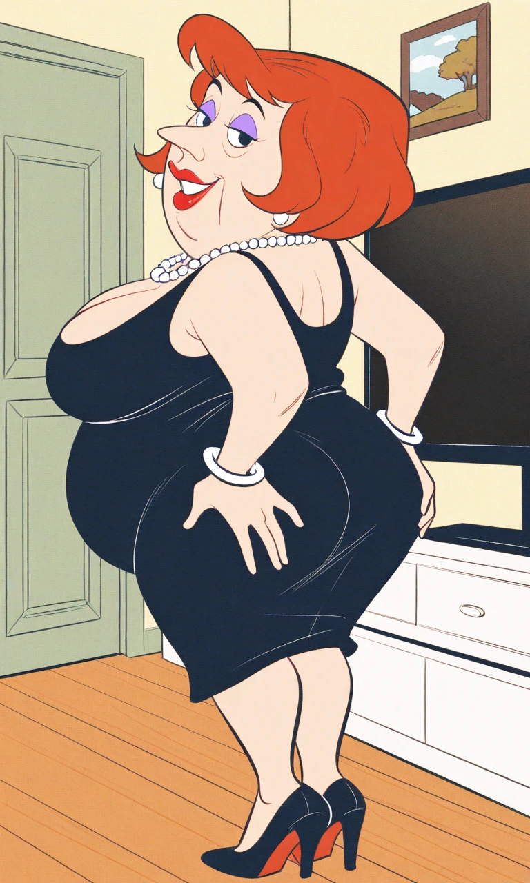 January Jones, masterpiece quality, (masterpiece quality:1.3), detailed, realistic, (realistic:1.3), 1girl, solo, (solo:1.9), alone, in a 1950s living room, in a 1950s house, 1950s housewife, short hair, platinum hair, wearing hair band, wearing choker collar, naked body, (naked body:1.5), gigantic breasts, (gigantic breasts:1.5), hyper breasts, (hyper breasts, (hyper breasts:1.5), inflated body, vore belly, (vore belly:1.7), gigantic belly, (gigantic belly:1.5), smiling, (smiling:1.5),