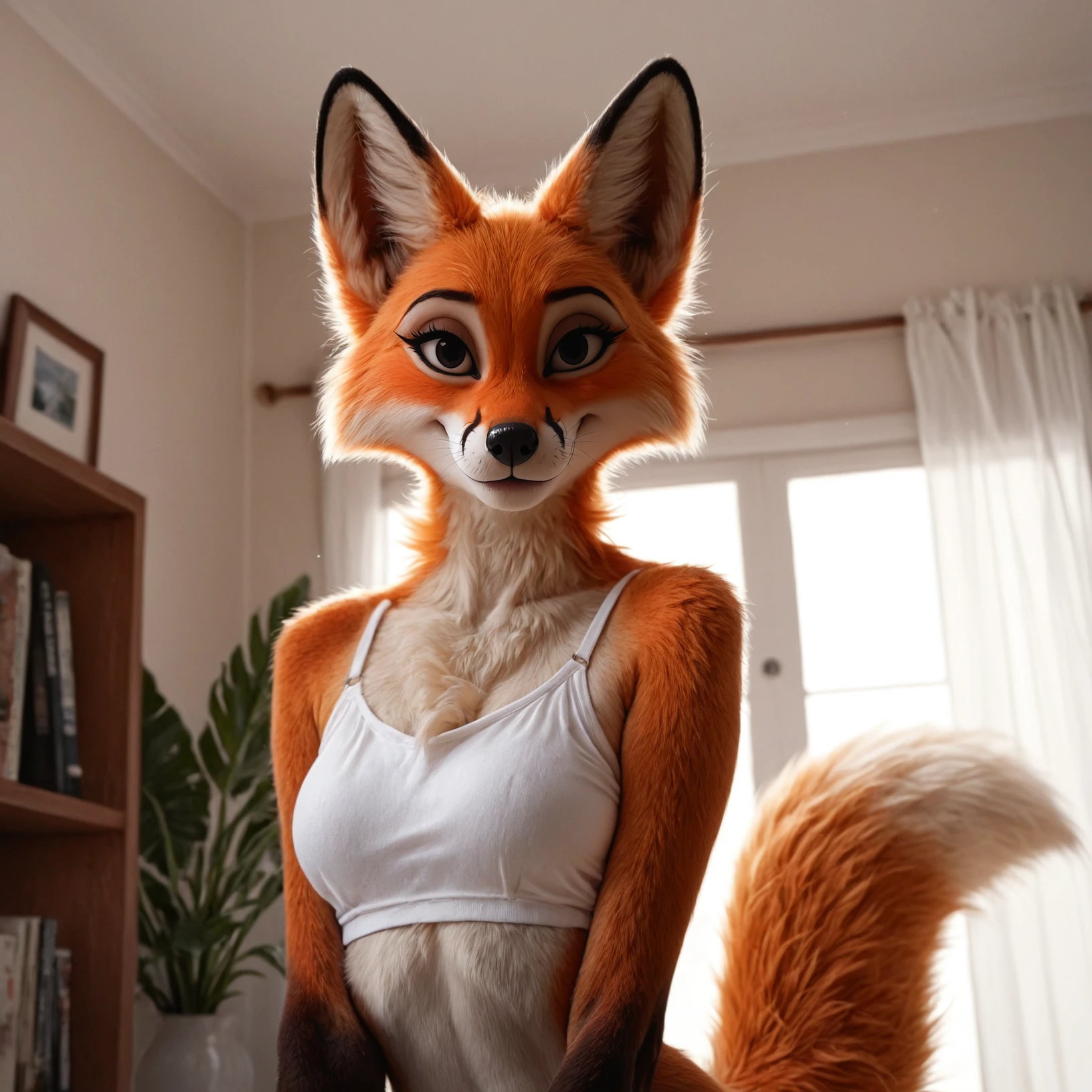 ((best quality)), ((masterpiece)), (detailed), perfect face, woman inside a (fox fursuit), living room, transformation, fullbody inside the costume, except her face, (((human face))), (fox lower body), fox ??????, she wears on herupper face a fox like venetian mask,