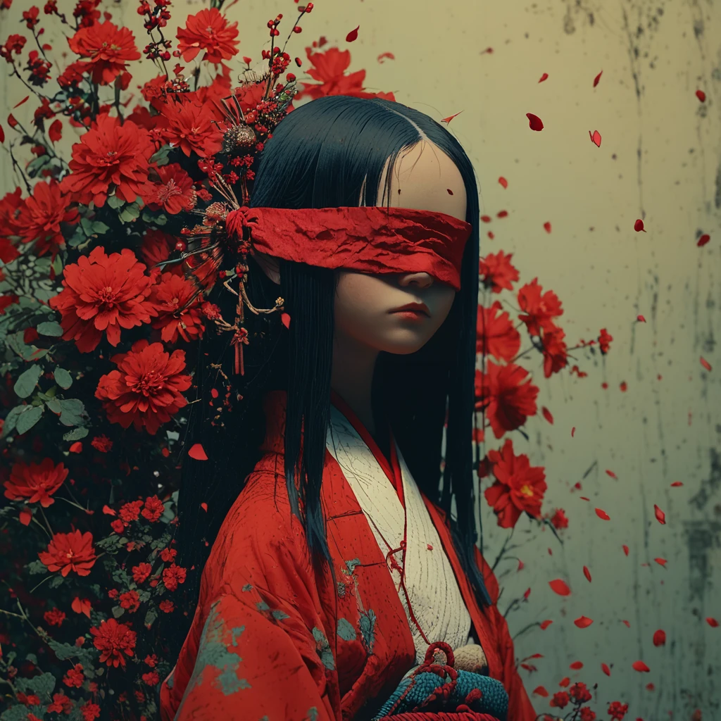 Score_9, score_8_up, score_7_up, score_6_up, <lora:Neo-Nihonga_Pop_SurrealismPony:1> Neo-Nihonga Pop Surrealism, The image shows a girl with a red blindfold covering her eyes standing in front of a backdrop of red flowers., 1girl, blindfold, solo, black hair, japanese clothes, long hair, kimono, covered eyes, upper body, petals