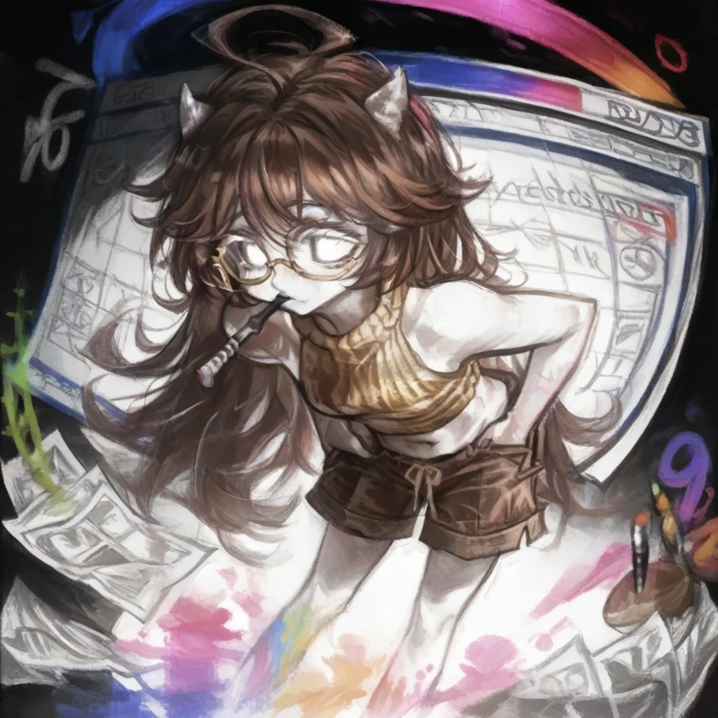 GAM0, best quality, masterpiece, source_anime, dramatic lighting, (score_9, score_8_up, score_7_up), perfect eyes, 1girl, paperwork, solo, long hair, white eyes, sleeveless sweater, brown baggy shorts, monocle, golden trims, ahoge, brown hair, small horns, stomach, leaning towards, brush in mouth, colorful ink stains, flowers, hands in pockets