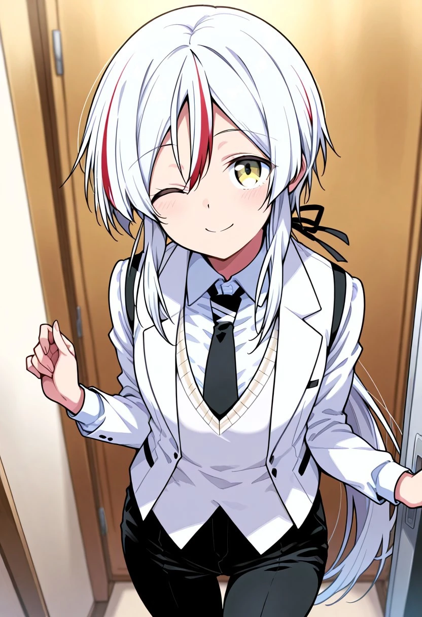 Masterpiece, top quality, amazing quality, Score_9, Score_8_up, Score_7_up, core_9, Score_8_up, Score_7_up, alone, 1 mature female, alone, , 
Ryuuga Hinomori, 1girl, white hair, long lock of red hair in front, small  (golden eyes: 1.2), 
tie, long hair, long ponytail, pants, shirt, white vest, black pantsuit, white shirt, smile, wink, looking at viewer