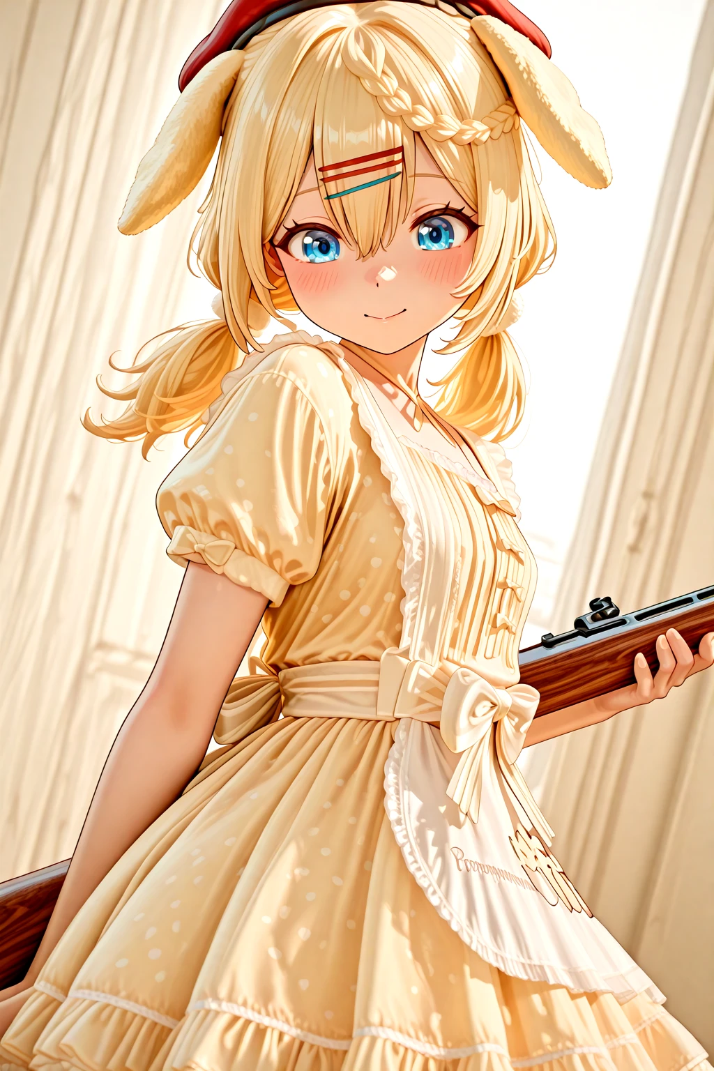 masterpiece, best quality, amazing quality, 1girl, solo, makeup, general, cowboy shot, looking at viewer, blush, dramatic angle, smile, shy, cute, from side, <lora:GF2_Papasha:1>, GF2_Papasha, blonde hair, hairclip, long hair, blue eyes, low twintails, braid, braided bangs, hair between eyes, breasts, <lora:PomPomPurinmotifdress:1>, PomPomPurinmotifdress, yellow dress, bow, frills, short sleeves, apron, beret, (floppy ears:1.1), polka dot, hair ornament, white socks, ribbon, lace trim, puffy sleeves, mary janes, weapon, gun, rifle, holding weapon, magazine(weapon), <lora:wai-A3-V140:1>, <lora:illustrious_noobai_epsilon_pred_1_masterpieces_v1:1>