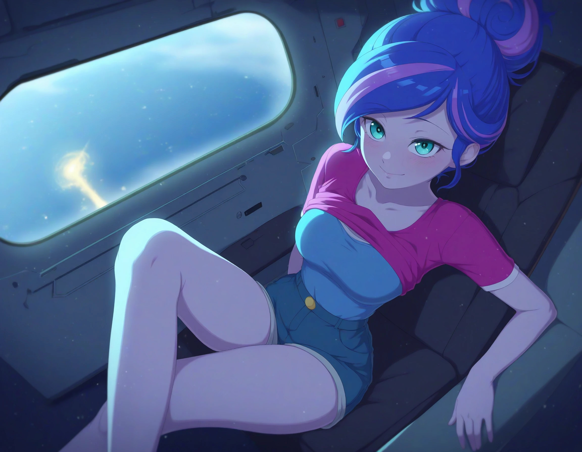 very awa, best quality, highres, absurdres, <lora:Rockset_Style_illustrious:0.7> rockset,  princess luna, humanized, , equestria girls, , clothed, clothing,  in a helicopter, sitting with one leg over armrest, optimistic, uplifted face, soft smile, from above, high angle