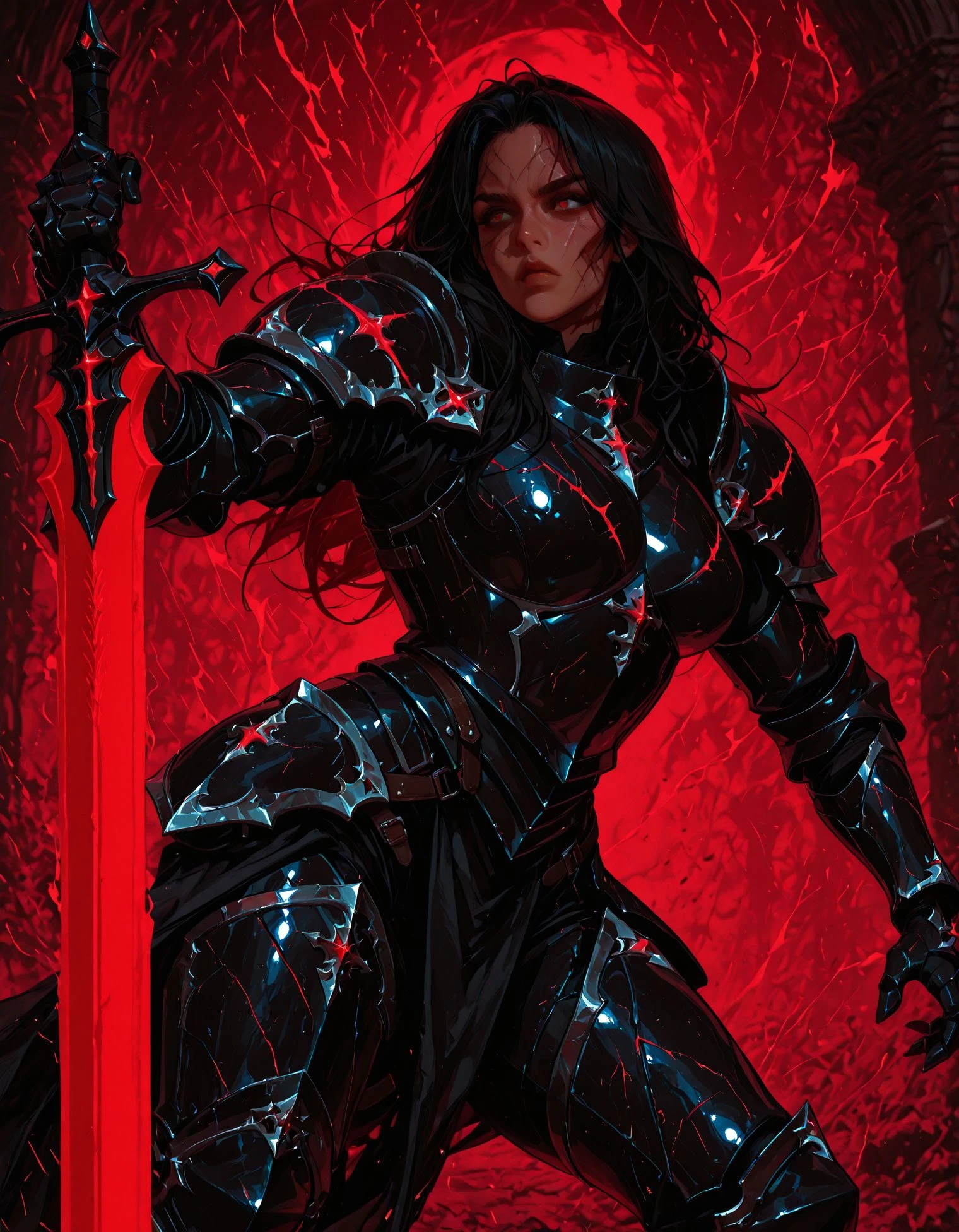 IllusP0s, F4st,1girl, solo,   female dark knight, full plated dark armor, deep scars on face, long dark hair, holding a sword, fighting stance, red atmosphere, red light, night time
 <lora:lazypos:1>,   <lora:style_1-000013:1>