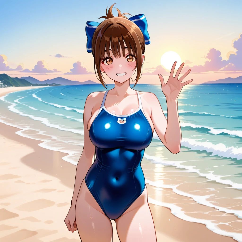 score_9, source_anime, 1girl, brown hair, short twintails, close up, from below, blue eyes, blush, embarrassed, large breasts, wide hips, white one-piece swimsuit, hand on hip, knees together feet apart, looking at viewer, <lora:KanabunXL:0.87>