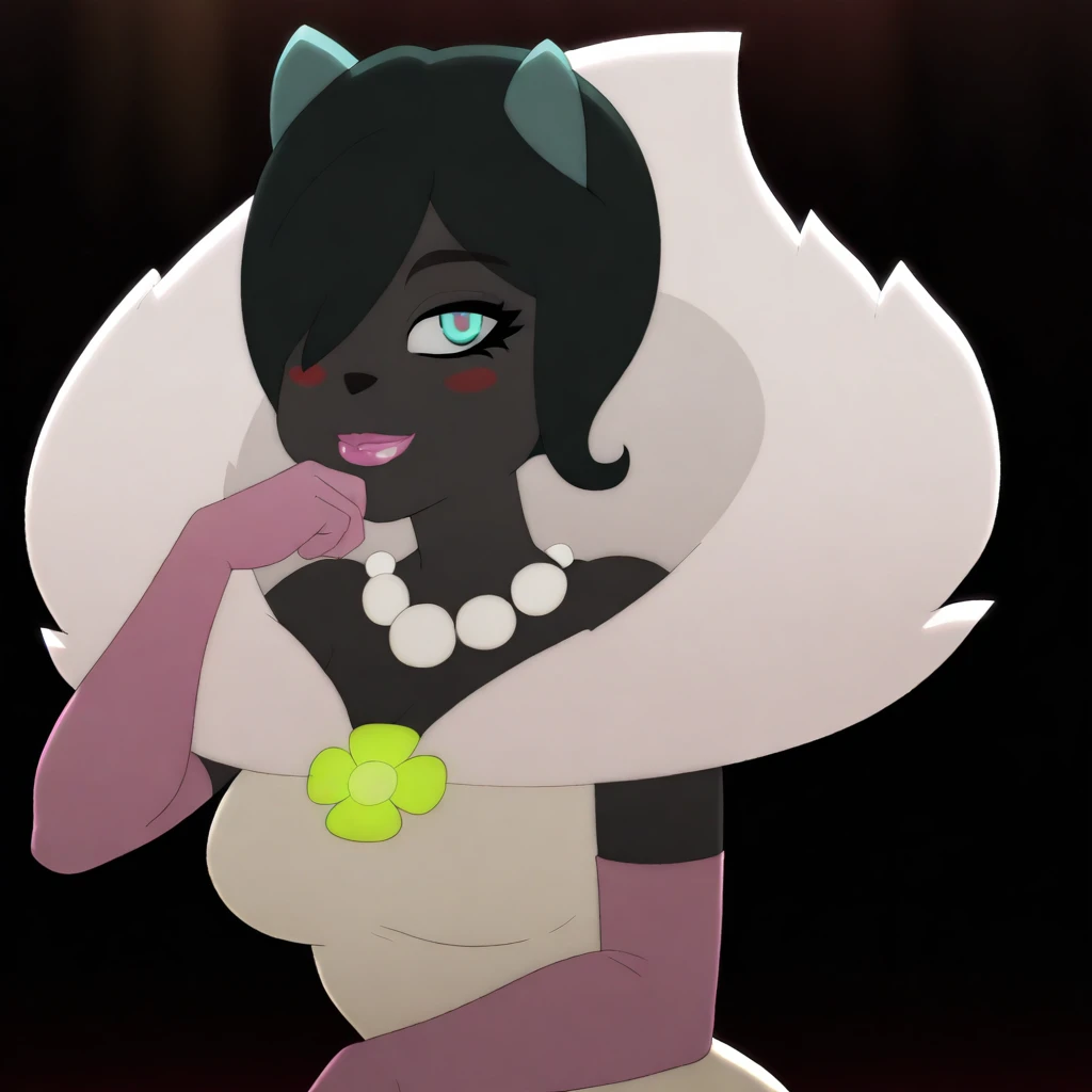 CarnissaMS, 1girl, solo, anthro, furry female, colored skin, dark skin, animal ears, black hair, short hair, bangs, hair over one eye, black snout, pink lips, aqua eyes, blush stickers, pearl necklace, fur collar, white dress, large , pink elbow gloves, fluffy tail, fur trim, thick thighs, shoulders, masterpiece, best quality, fine details, intricate details, depth of field, subsurface scattering, bokeh, ultra-detailed, very aesthetic, detailed background, newest, scenery, highres, absurdres, colorful, vibrant, glowing, perfect face, 2d, perfect eyes, vibrant saturated colors, volumetric lighting, sharp, detailed eyes, perfect , perfect face, perfect eyes, mature body, clear eyes, beautiful eyes, athletic, curvy body, athletic girl, perky , perfect , round , pinup pose, teasing, expression, perfect hands, muscular female,