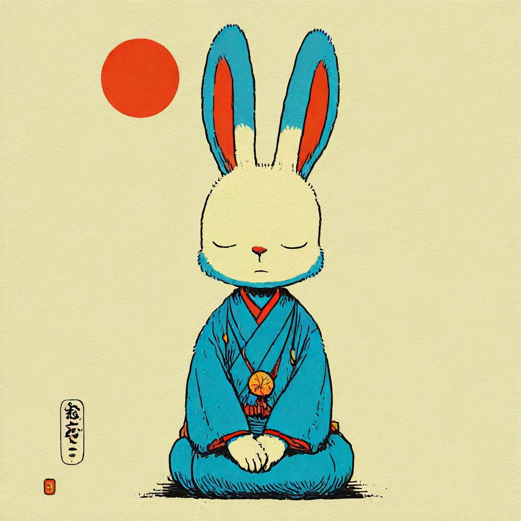 <lora:Neo-Nihonga_Pop_SurrealismIllustrious:1> Neo-Nihonga Pop Surrealism, The image shows a cartoon rabbit wearing a blue kimono with a red sun in the background., sitting, japanese clothes, closed eyes, solo, kimono, blue kimono, furry, rabbit, seiza, facing viewer