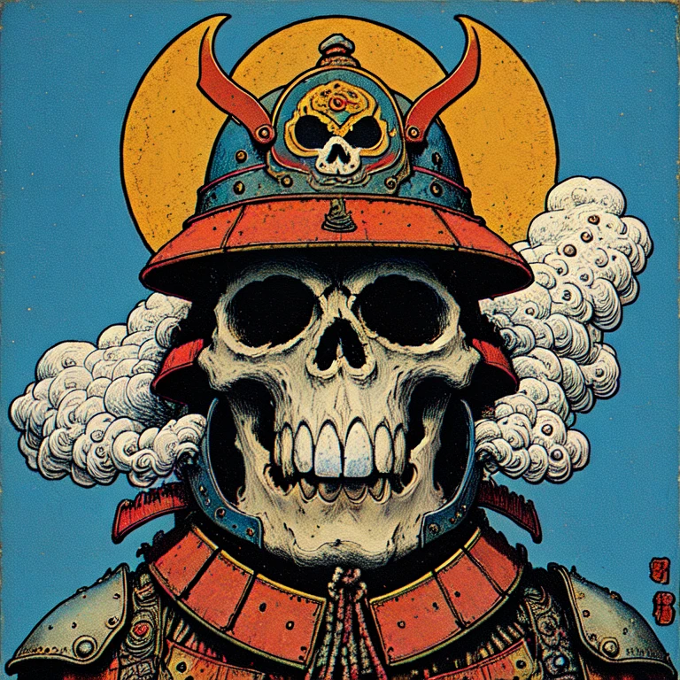 <lora:Neo-Nihonga_Pop_SurrealismSD1:1> Neo-Nihonga Pop Surrealism, The image shows a painting of a skull wearing a samurai helmet with smoke coming out of it set against a blue background., kabuto (helmet), japanese armor, armor, samurai, helmet, solo, blue background, shoulder armor, sode, kusazuri