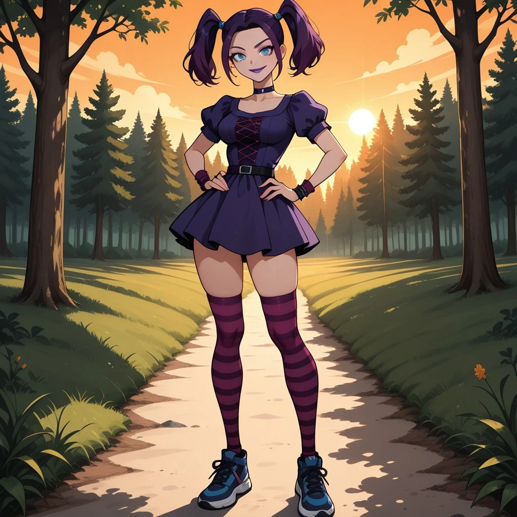 score_9, score_8, BREAK, solo, ScaryGirlTDI, 1girl, dark purple hair, twintails, blue eyes, purple lips, lipstick, dark purple dress, short dress, striped socks, knee highs, sneakers, choker, breasts, wristbands, sexy pose, self portrait, smile, looking at viewer, outdoors, sunlight, shadows, evening lighting, natural lighting, forest, trees, grass, orange sky, sunset