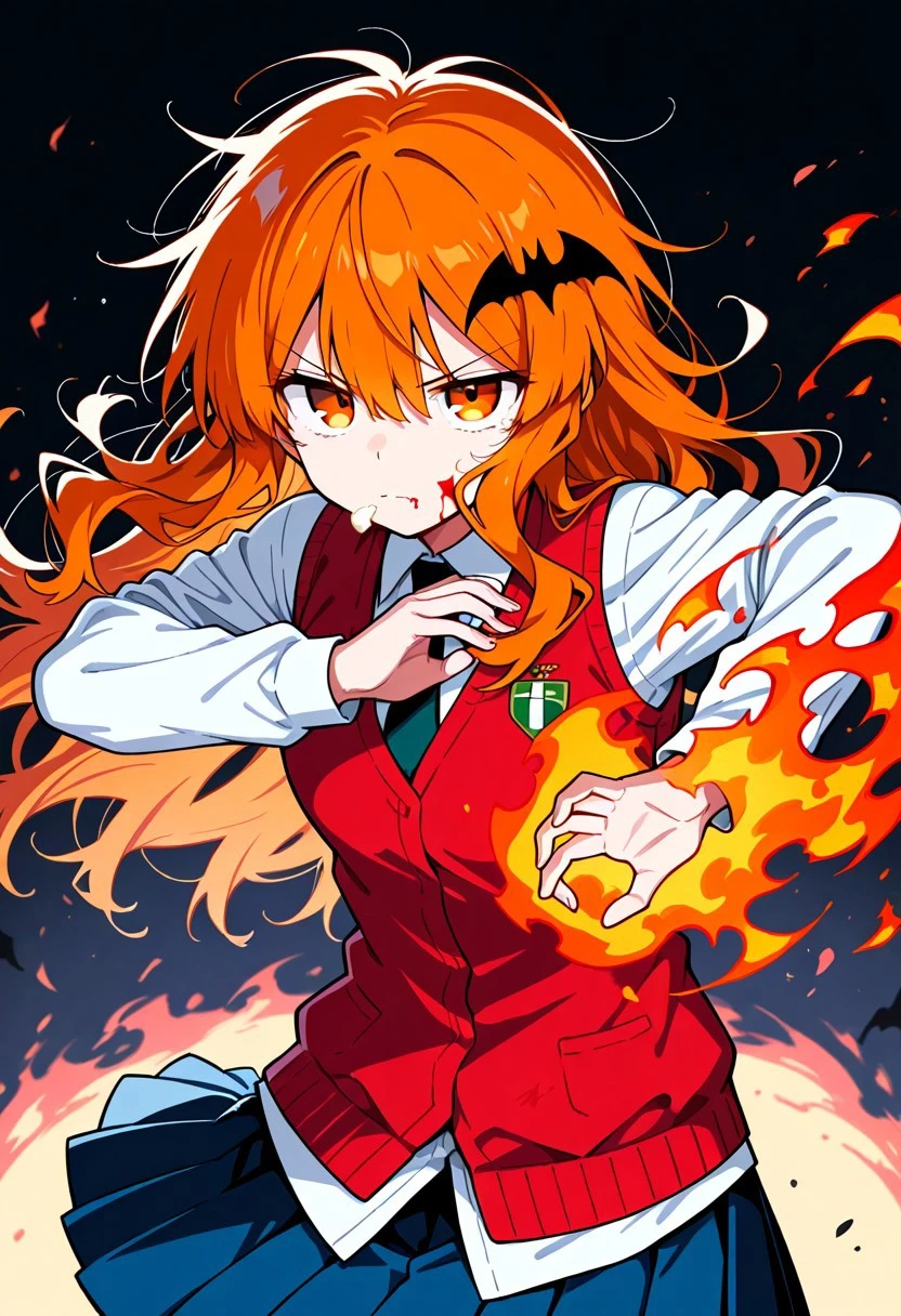 Masterpiece, top quality, amazing quality, Score_9, Score_8_up, Score_7_up, core_9, Score_8_up, Score_7_up, 1 mature female, alone, ,
orange hair, messy hair, long hair, small yellow bat-shaped ornament, small breasts, (orange eyes: 1.2),
blue skirt, pleated skirt, tie, shirt, red vest, cream-colored shirt, tired, throwing fire from her hands, fighting pose, torn clothes, serious, upset, fighting monsters, a little blood on her mouth,
