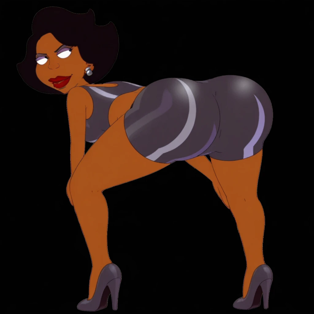 masterpiece, best quality, 1girl, solo, smile, short hair, dark skin, black eyes, double bun, makeup, glasses, lipstick, hands on hips, flat torso, pussy, nude body, spread legs, cartoon proportion, skinny body , ass, anus, back view 