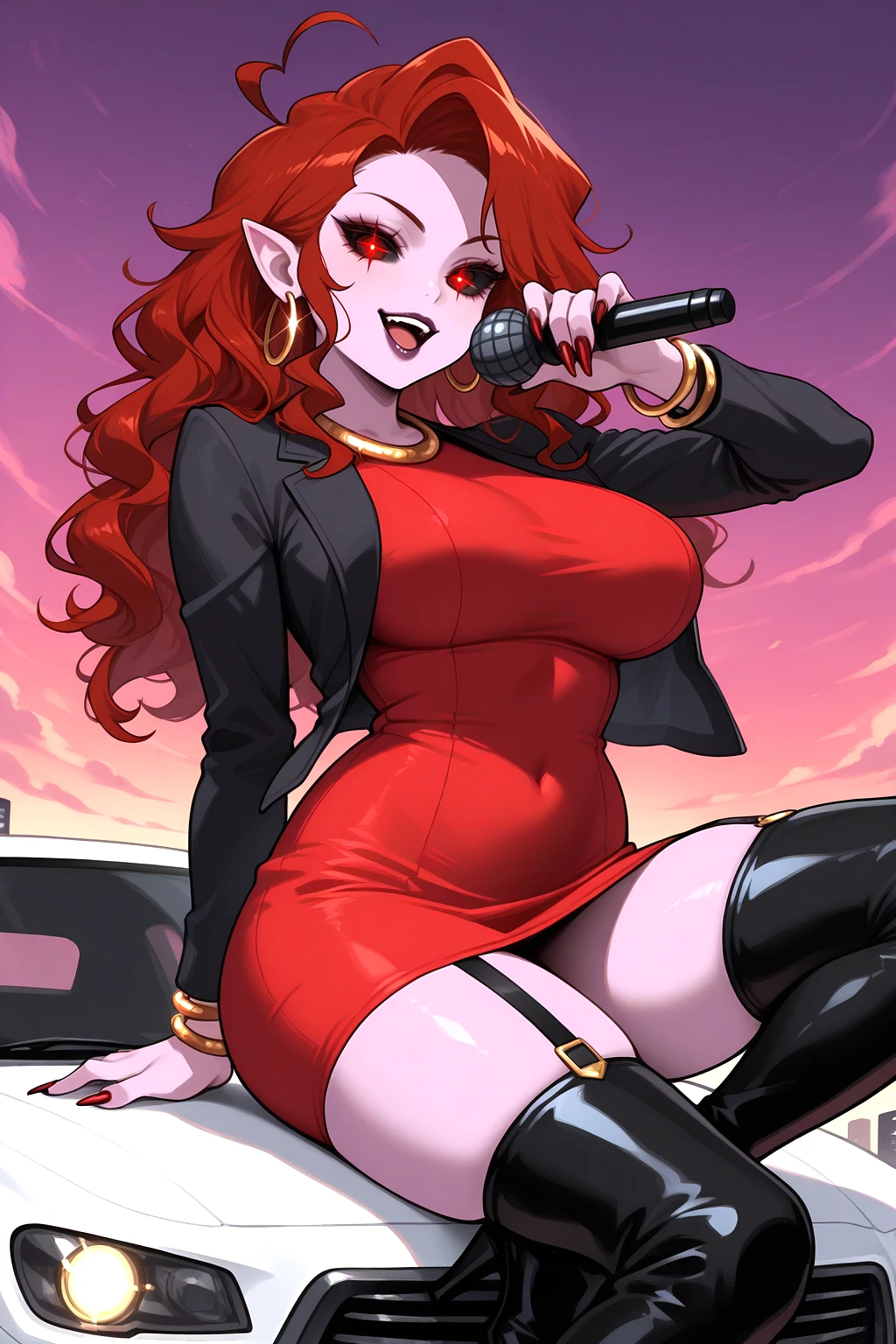 Mommy mearest, purple skin, straight confident posture, holding a microphone, black sclera, red glowing pupils and long auburn hair with several pointed ends and a curved cowlick, big hair mane, red dress, jacket, jewelry, black makeup, black thigh boots, garter straps, plump big lips, tank top, busty, fit, soft body, hot steamy body, puffy, curvy hips, gloss, define hipline, busty, thin waist, thicc, sweaty, huge prortuding glute, thicc huge thighs, highly detailed, shadows, colorful, solo,  <lora:gigass:0.4>   <lora:MotherMearest:0.8>