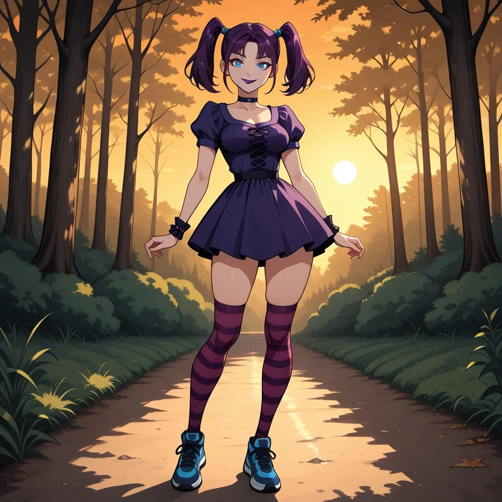 score_9, score_8, BREAK, solo, ScaryGirlTDI, 1girl, dark purple hair, twintails, blue eyes, purple lips, lipstick, dark purple dress, short dress, striped socks, knee highs, sneakers, choker, breasts, wristbands, sexy pose, self portrait, smile, looking at viewer, outdoors, sunlight, shadows, evening lighting, natural lighting, forest, trees, grass, orange sky, sunset