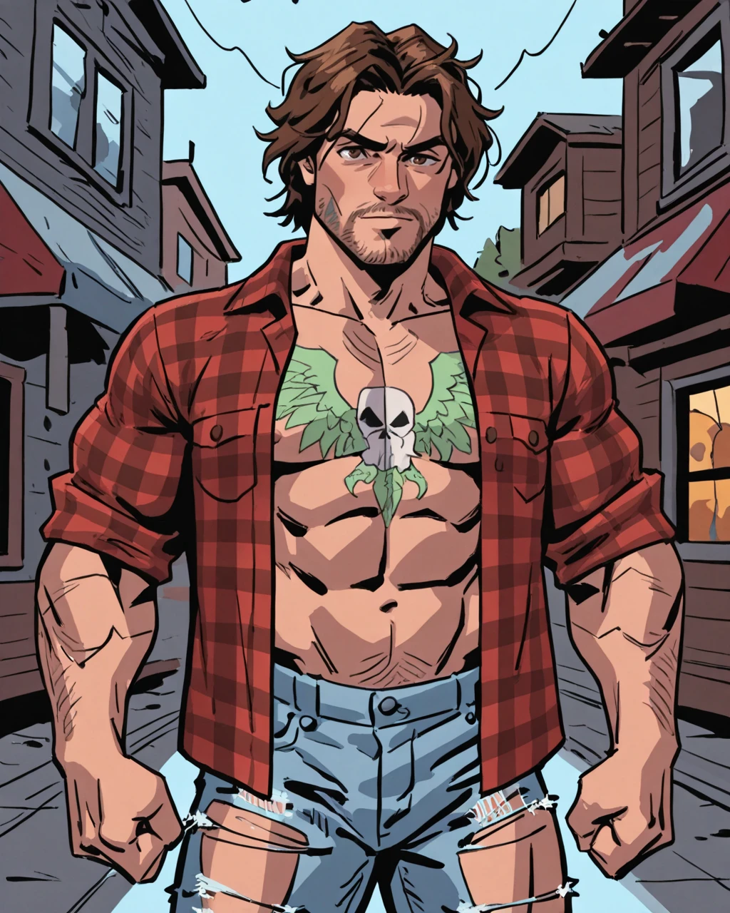 1boy, male focus, red hair, beard, long curly hair, mullet, plaid denim pants, tartan painted cars, green eyes, tartan theme, red plaid leather jacket, fender electric guitar, heavy metal concert, 4 leaf clovers, celtic metal band, masculine, devil horns, scotland highlands, vintage cars, movie poster, Irish theme, celtic theme, outdoors, extremely detailed, rule of thirds, Joe Madureira style, (masterpiece, best quality)