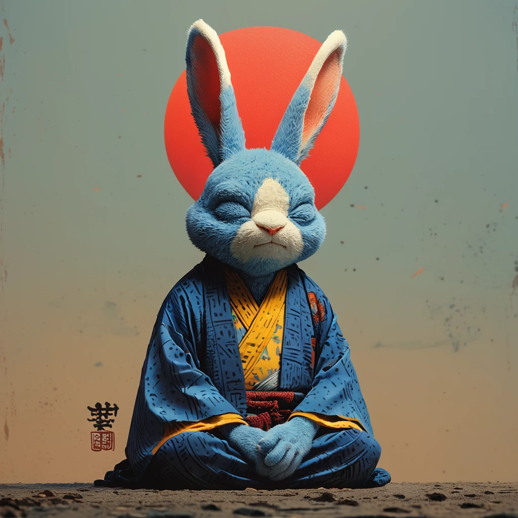 Score_9, score_8_up, score_7_up, score_6_up, <lora:Neo-Nihonga_Pop_SurrealismPony:1> Neo-Nihonga Pop Surrealism, The image shows a cartoon rabbit wearing a blue kimono with a red sun in the background., sitting, japanese clothes, closed eyes, solo, kimono, blue kimono, furry, rabbit, seiza, facing viewer
