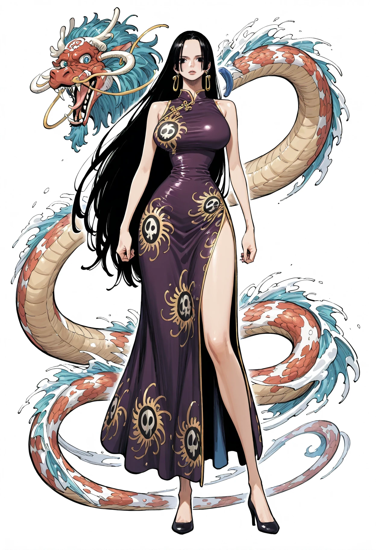 Masterpiece、Highest quality、Super detailed、Boa Hancock\(one piece\),ouroboros, snake eating its own tail, snake with its tail in its mouth, single snake, solo snake, drawn on ancient parchment paper.