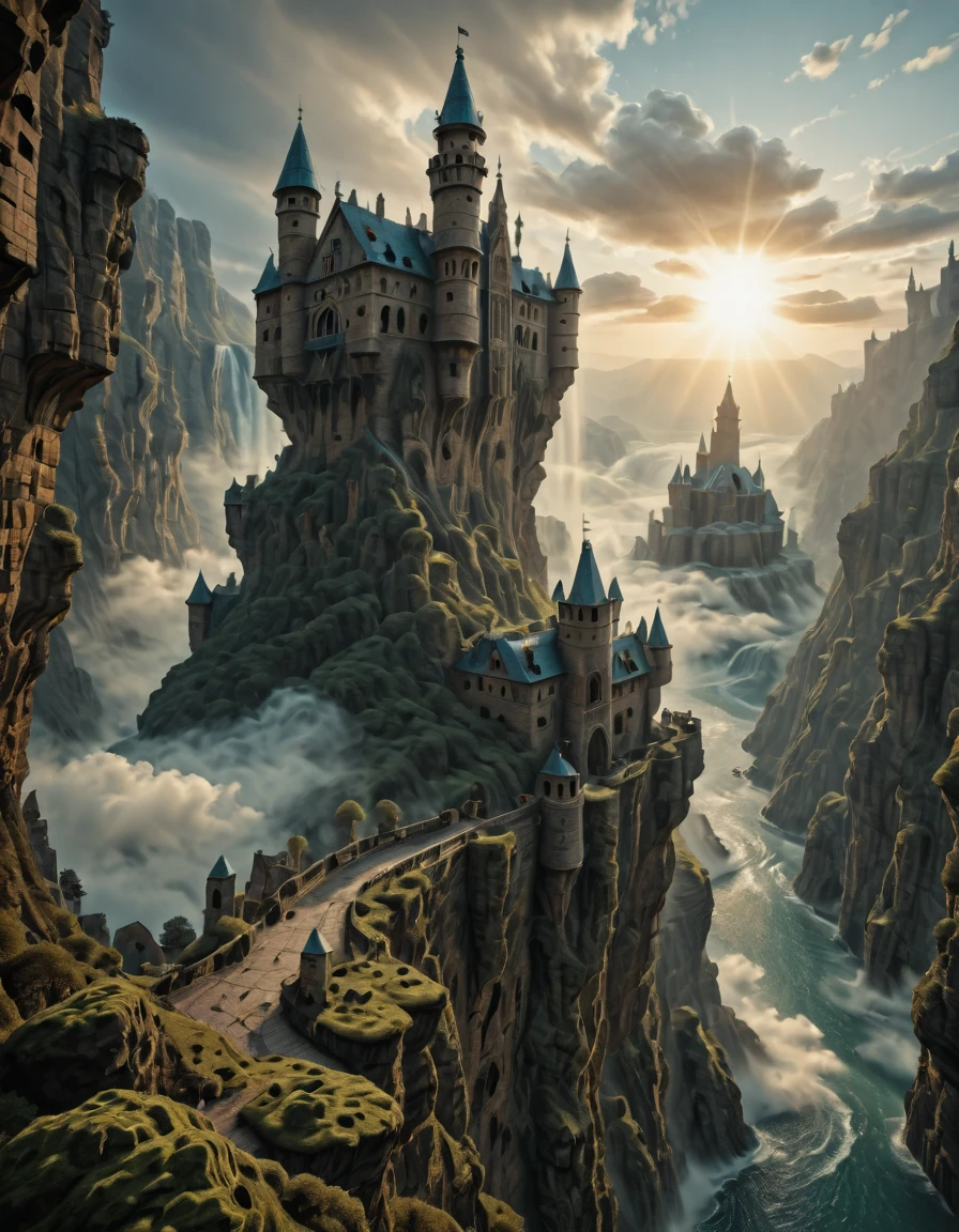 <lora:MW_Roma02illv1:1> towering fairytale castle city built on colossal red rock spires and sheer canyon walls, medieval city with colorful roofs, cascading waterfalls flowing between cliffs, elegant medieval architecture with teal spires and timber-framed facades, narrow winding bridges and carved stairways linking suspended structures, dramatic vertical composition viewed from a high archway foreground, cinematic perspective with a slightly downward and wide-angle view, warm golden sunlight illuminating cliff faces and rooftops, dreamy mist drifting between levels, distant monolithic towers rising from canyon depths, richly textured stonework and wood, surreal fantasy world with a sense of height and wonder, intricate environment design, ultra high detail, magical realism atmosphere, SP04, space nebula, medieval city, clouds, moss, waves, medieval castle, fire sky, smoke, mist, sea of clouds, magic