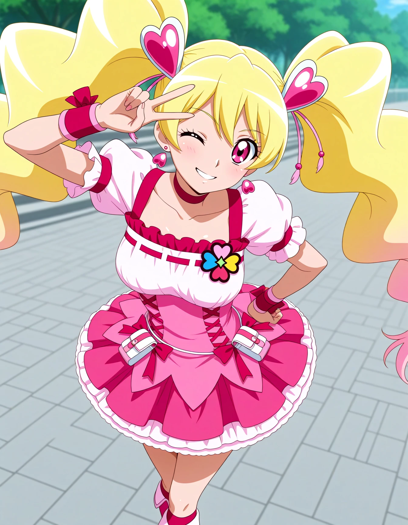 <lora:dmd2-lighting8step_cfg1.5:1>,official style,masterpiece,best quality,newest,very aesthetic,highly detailed,high resolution,absurdres,highres,depth of field,super detailed skin,very awa,Anime,anime coloring,anime screencap,<lora:Cure_Peach_V1:1>,cure peach,solo,pink eyes,blonde hair,long hair,twintails,heart hair ornament,hair ornament,earrings,pink choker,choker,jewelry,pink bow,magical girl,bow,corset,wrist cuffs,ribbon,dress,skirt,frills,puffy sleeves,kneehighs,pink footwear,socks,boots,knee boots,smile,park,v,one eye closed,posing,