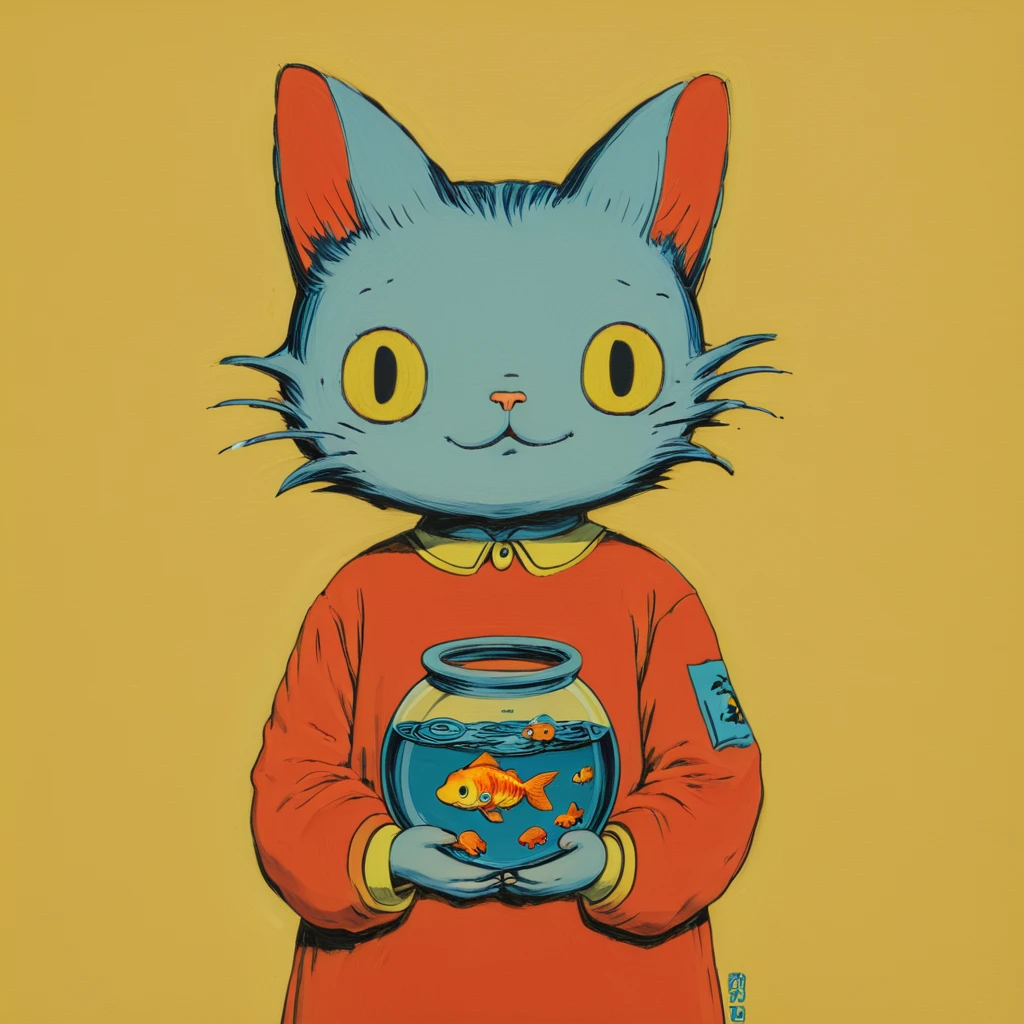 <lora:Neo-Nihonga_Pop_SurrealismSDXL:1> Neo-Nihonga Pop Surrealism, The image shows a cartoon cat wearing a red dress holding a goldfish bowl in its hands with a yellow background., yellow background, solo, holding, simple background, fish, upper body, cat ears, whiskers, shirt, long sleeves